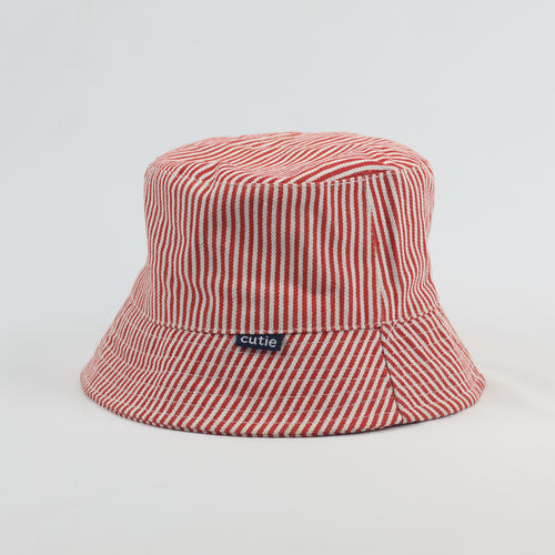Thrifted Cutie Red Striped Cotton Canvas Sun Bucket Hat - Size 51-52cm