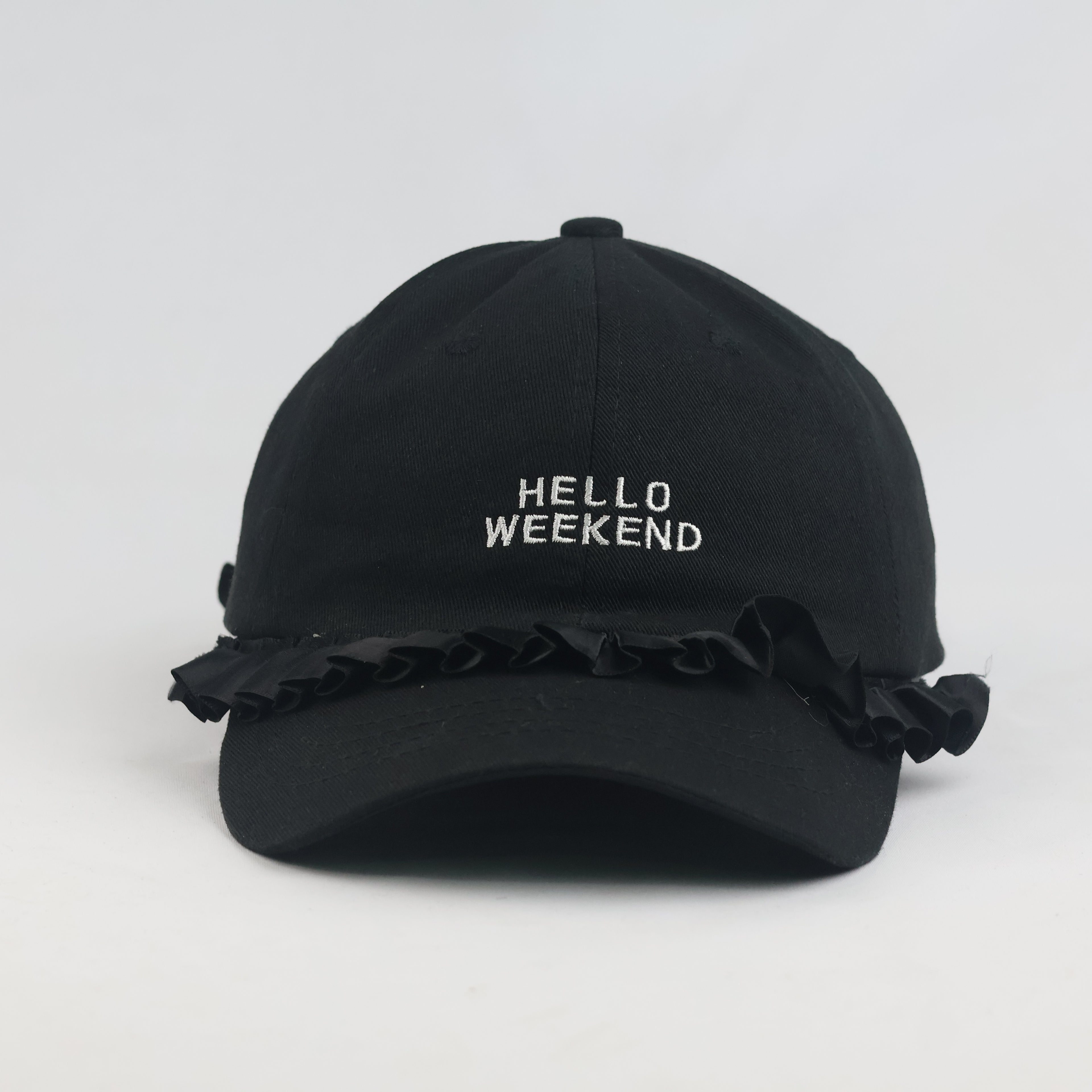 Thrifted Cute Black Hello Weekend Ruffle Brim Dad Cap (55-57 cm)