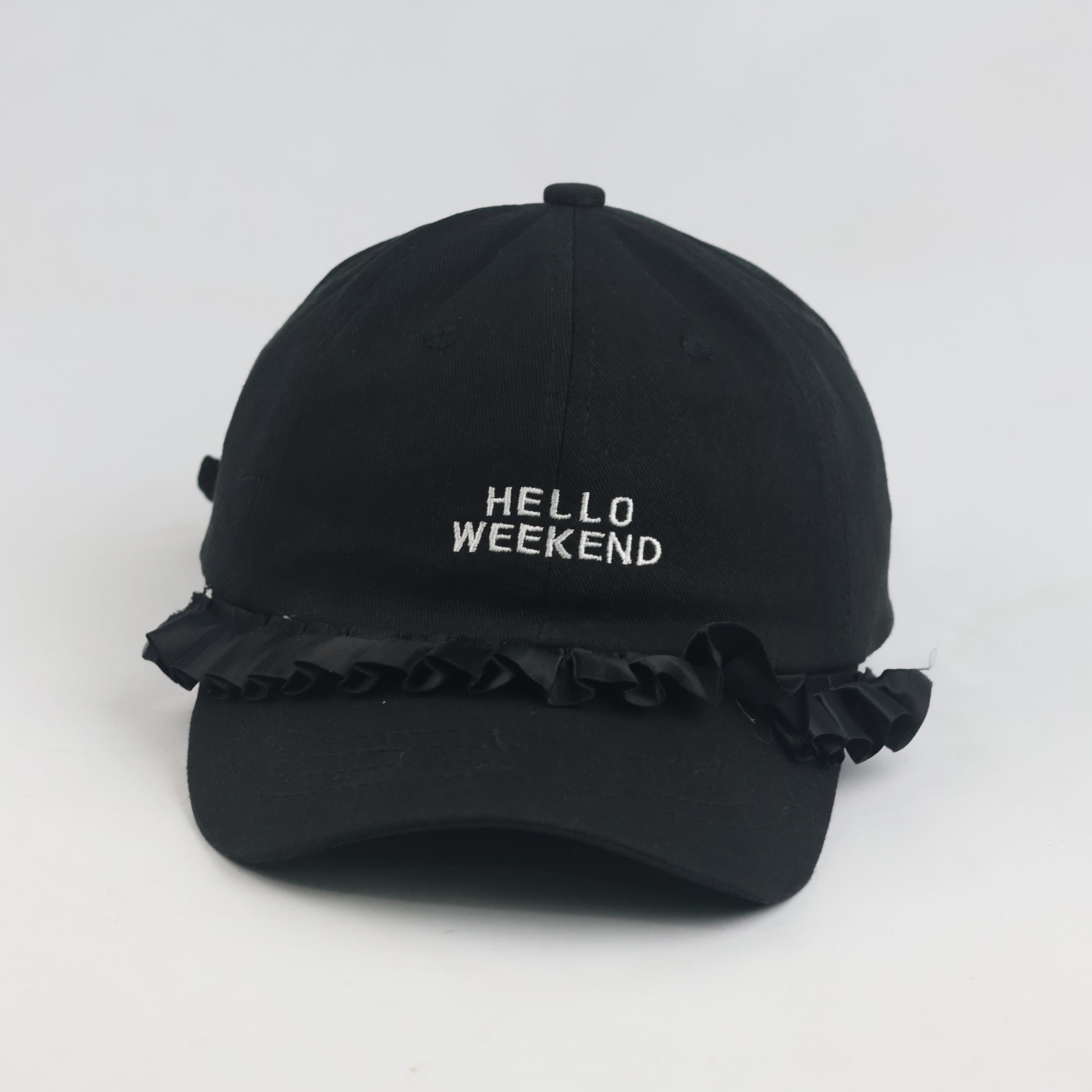 Thrifted Cute Black Hello Weekend Ruffle Brim Dad Cap (55-57 cm)