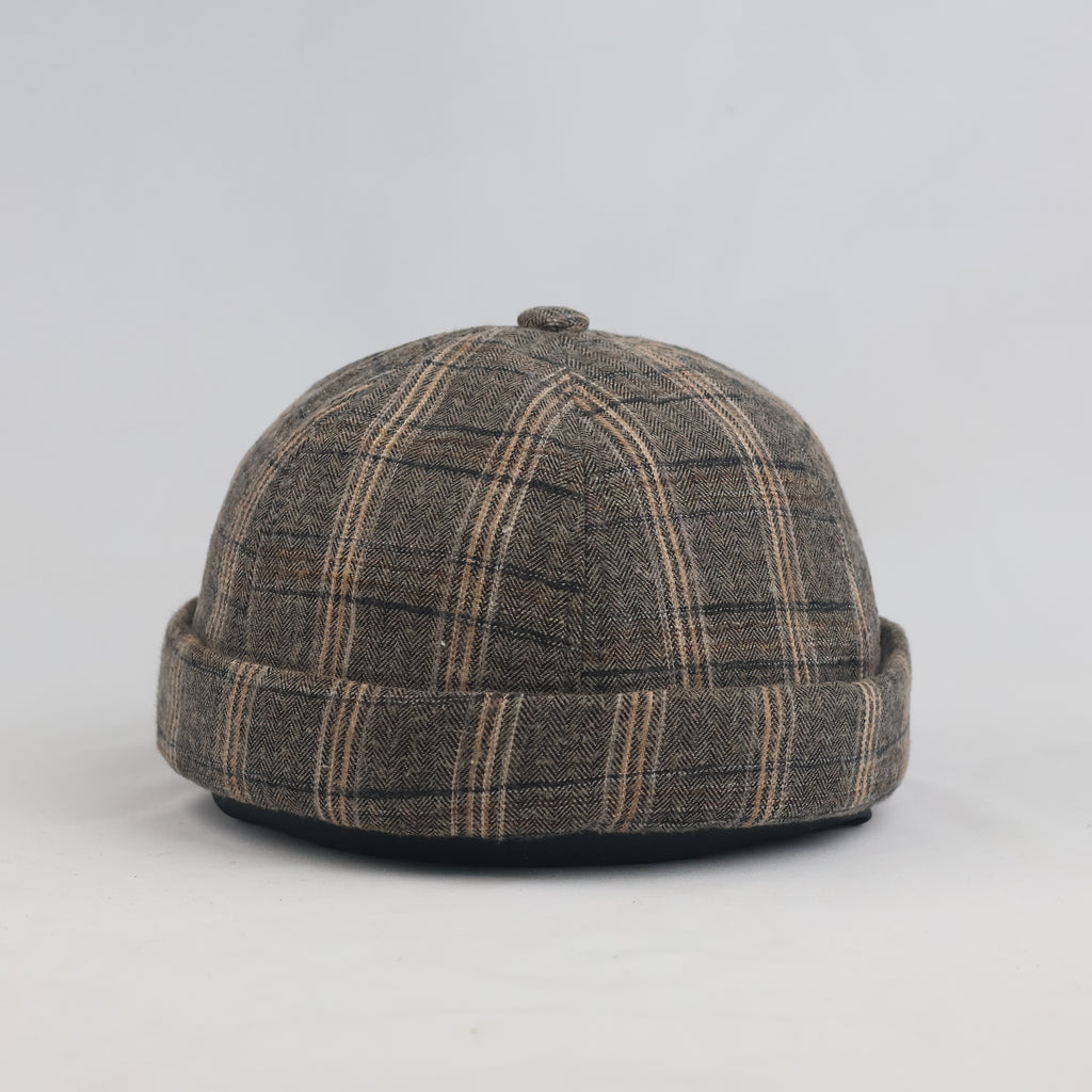 Thrifted Brown Plaid Miki Hat | Brimless Docker Beanie Cap