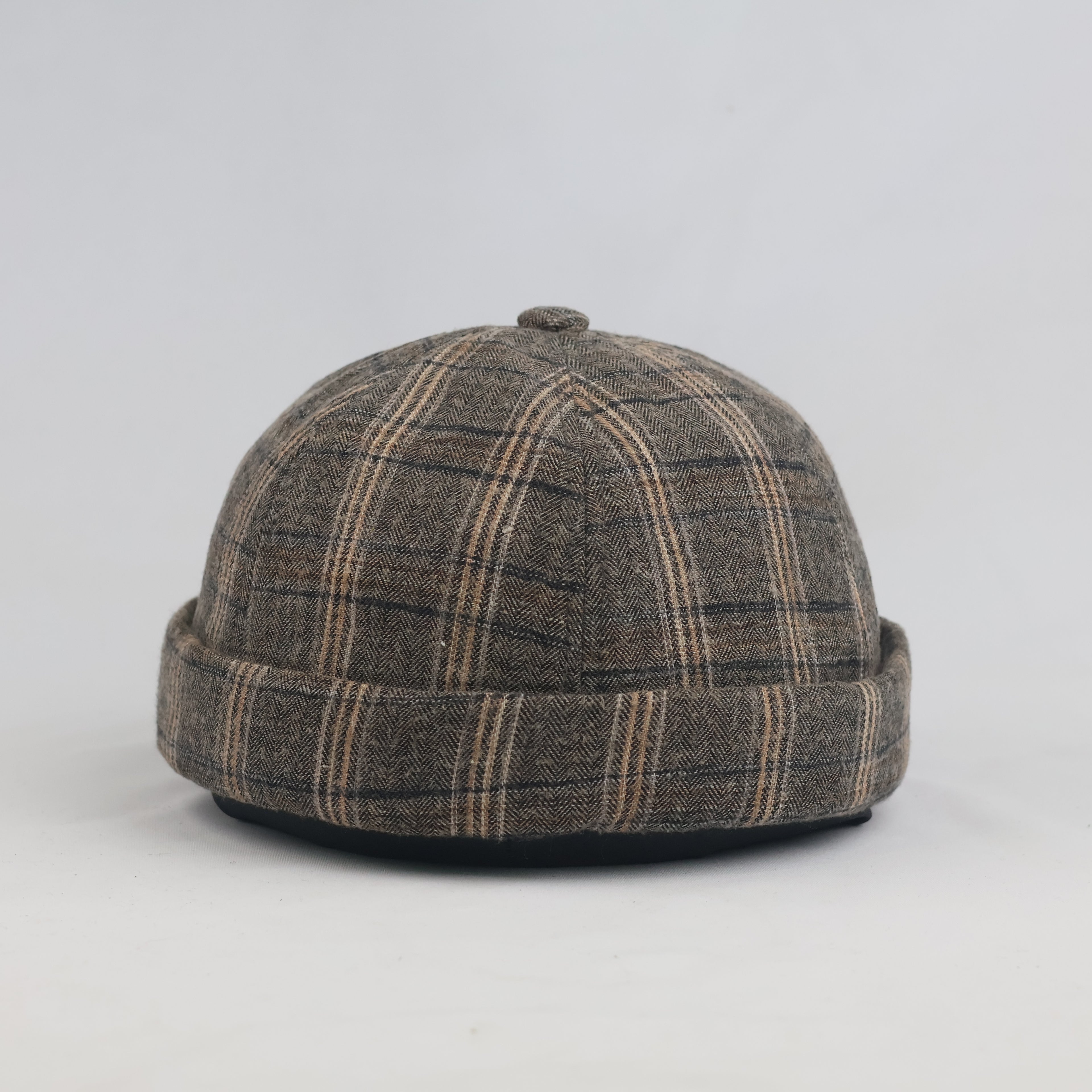Thrifted Brown Plaid Miki Hat | Brimless Docker Beanie Cap