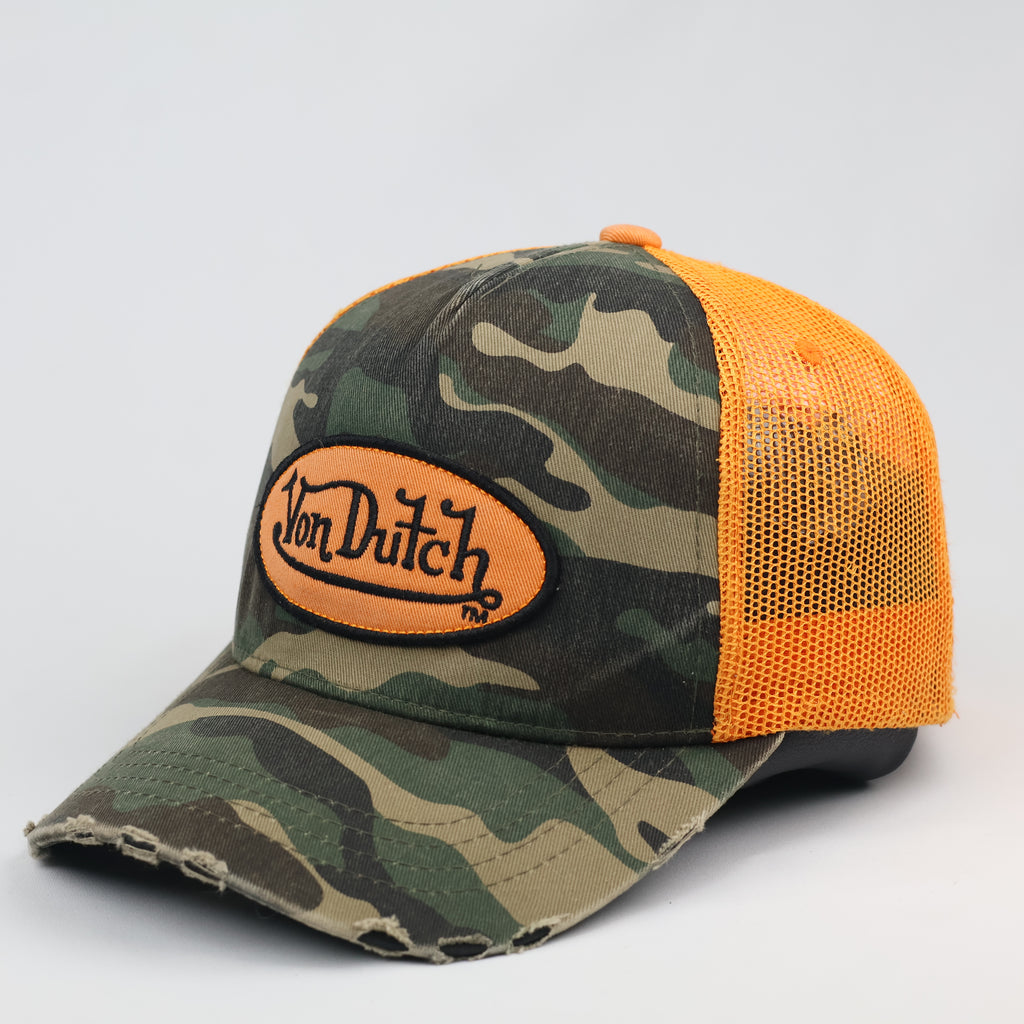 Vintage Von Dutch Camo Trucker Thrifted Hat | Orange Mesh Distressed Cap