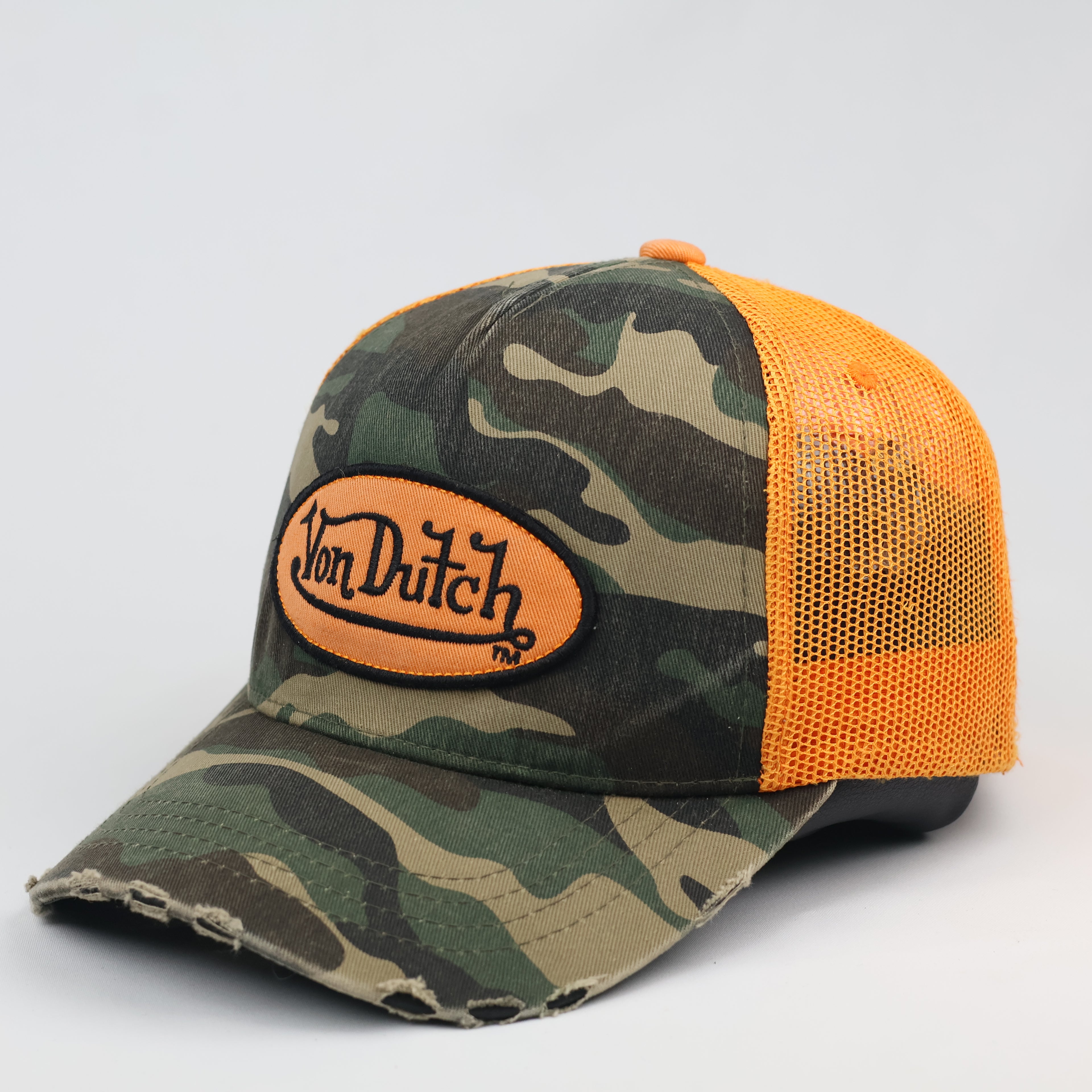 Vintage Von Dutch Camo Trucker Thrifted Hat | Orange Mesh Distressed Cap