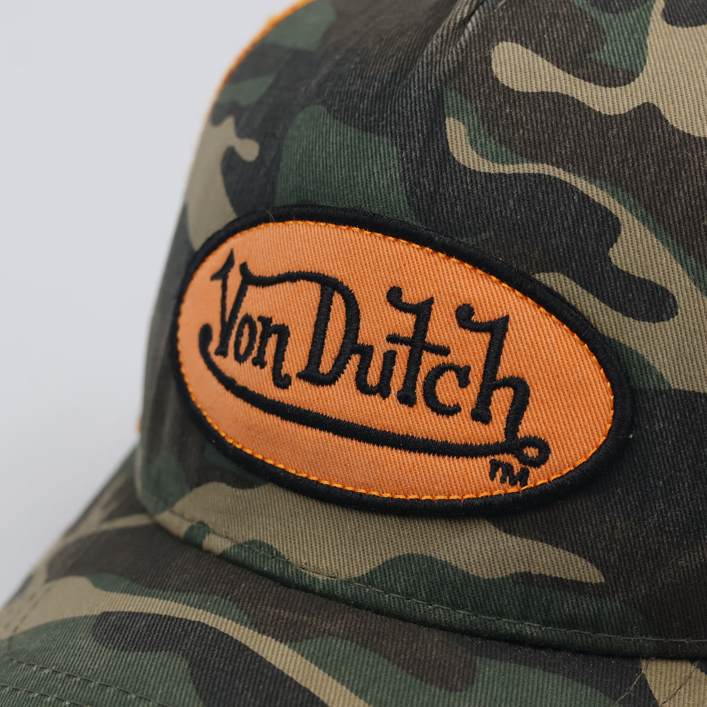 Vintage Von Dutch Camo Trucker Thrifted Hat | Orange Mesh Distressed Cap