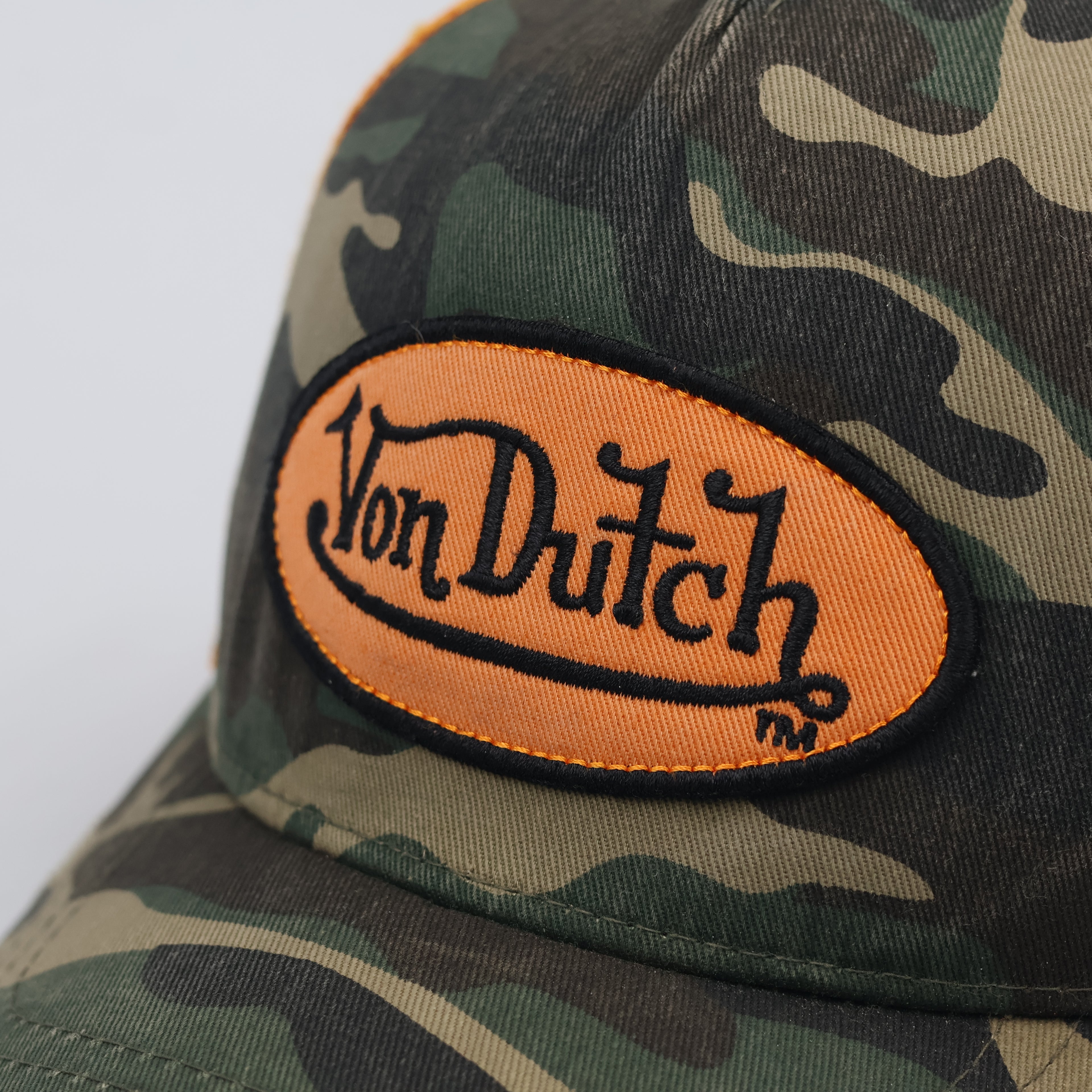 Vintage Von Dutch Camo Trucker Thrifted Hat | Orange Mesh Distressed Cap