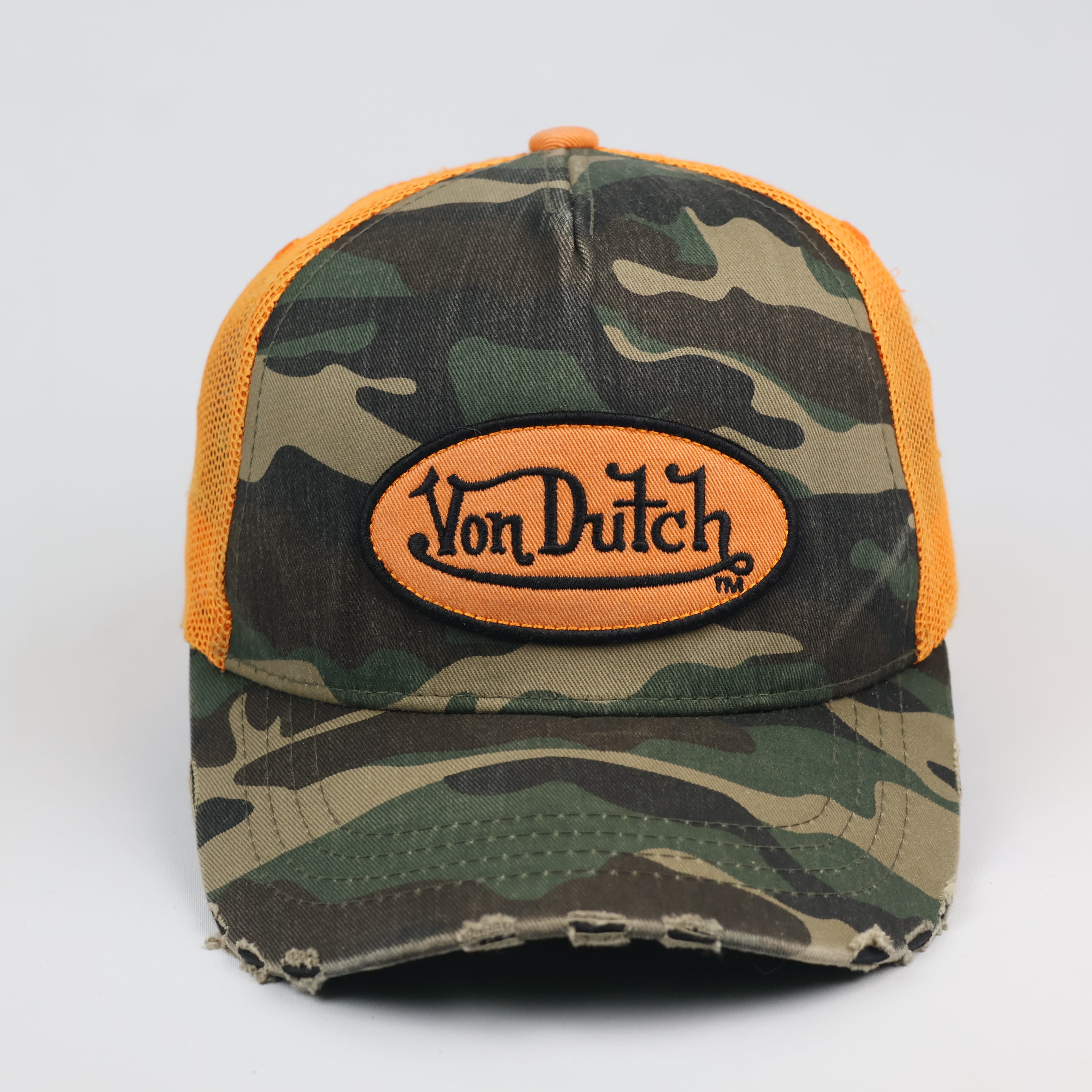 Vintage Von Dutch Camo Trucker Thrifted Hat | Orange Mesh Distressed Cap