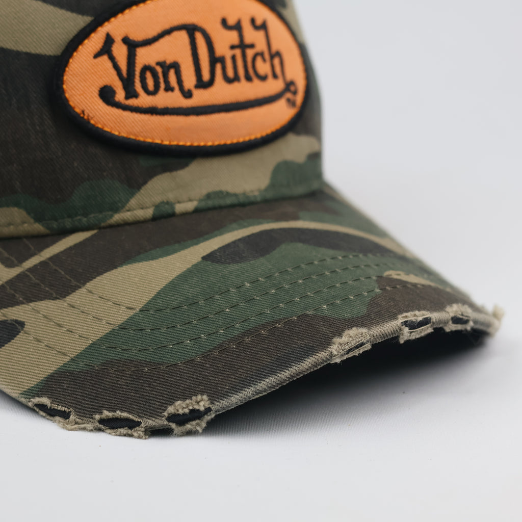 Vintage Von Dutch Camo Trucker Thrifted Hat | Orange Mesh Distressed Cap