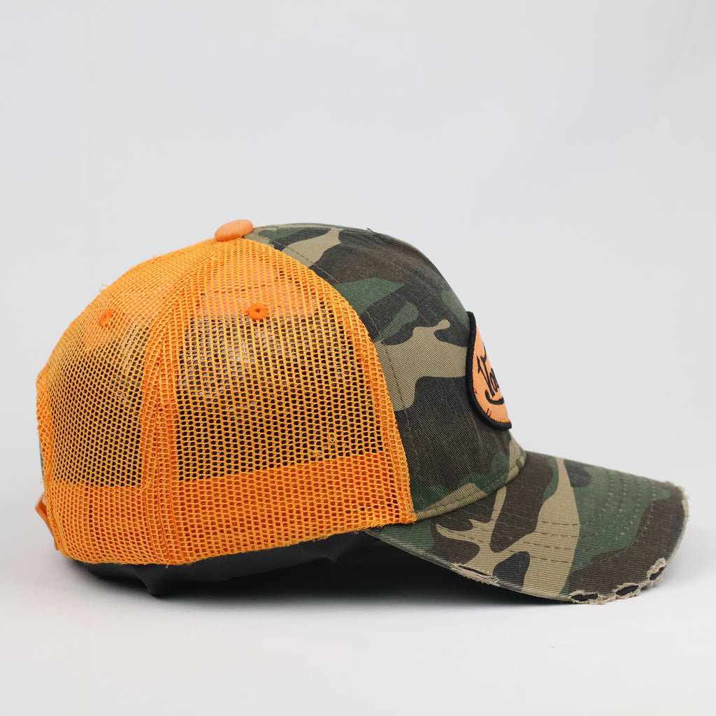 Vintage Von Dutch Camo Trucker Thrifted Hat | Orange Mesh Distressed Cap