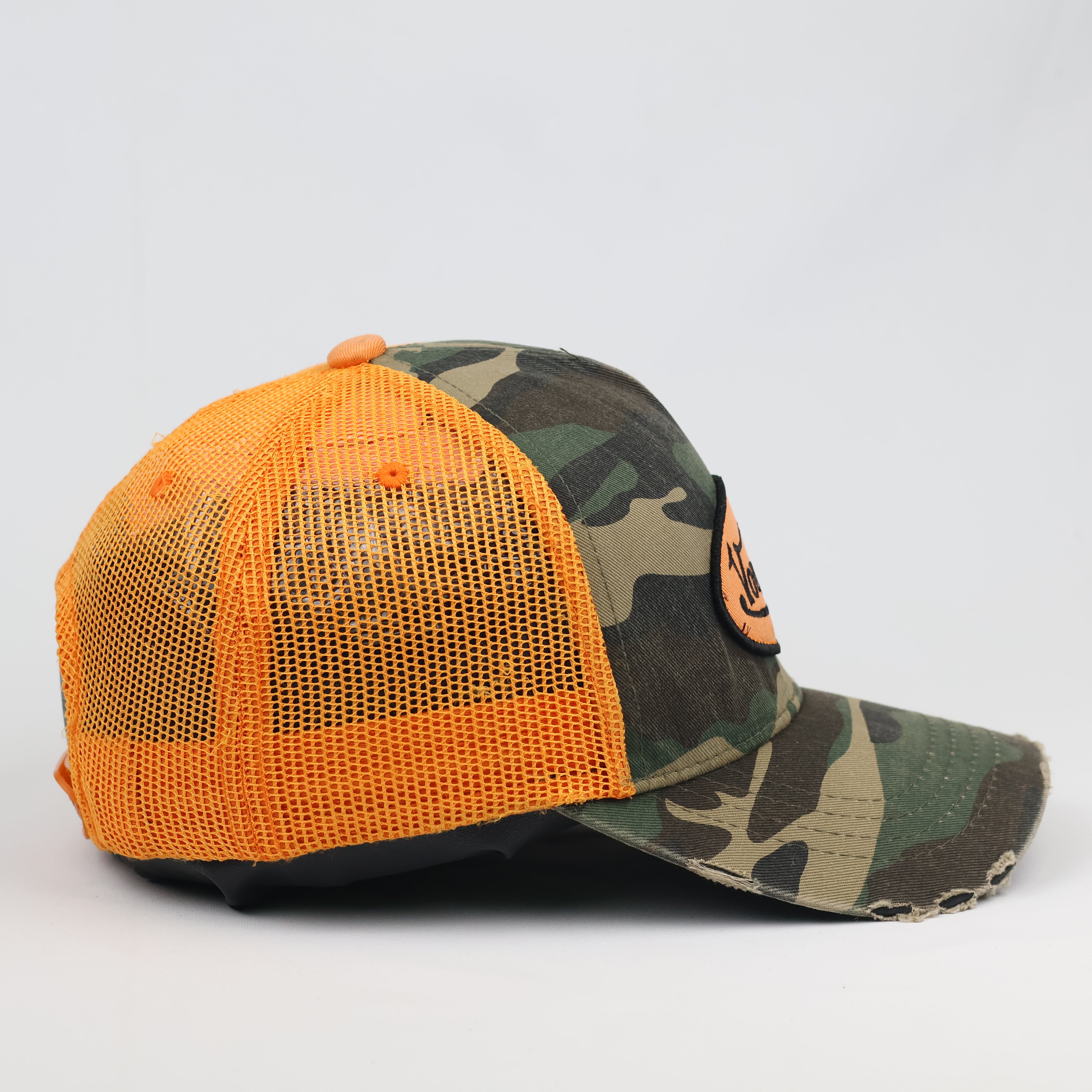 Vintage Von Dutch Camo Trucker Thrifted Hat | Orange Mesh Distressed Cap
