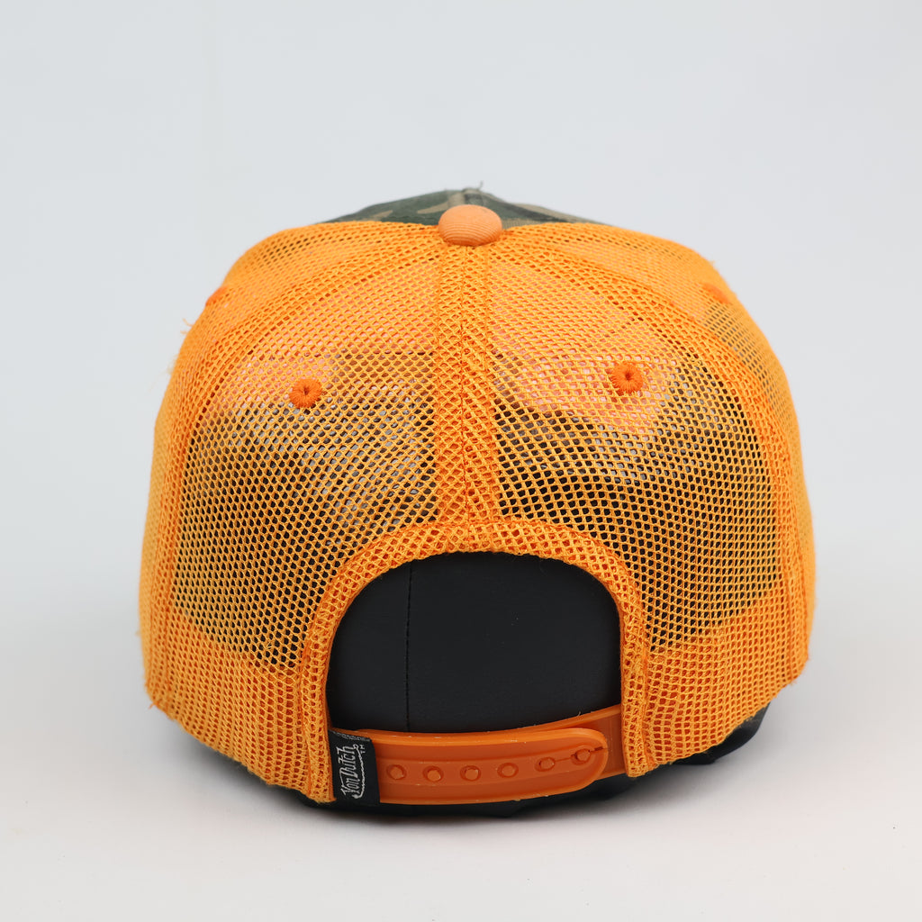 Vintage Von Dutch Camo Trucker Thrifted Hat | Orange Mesh Distressed Cap
