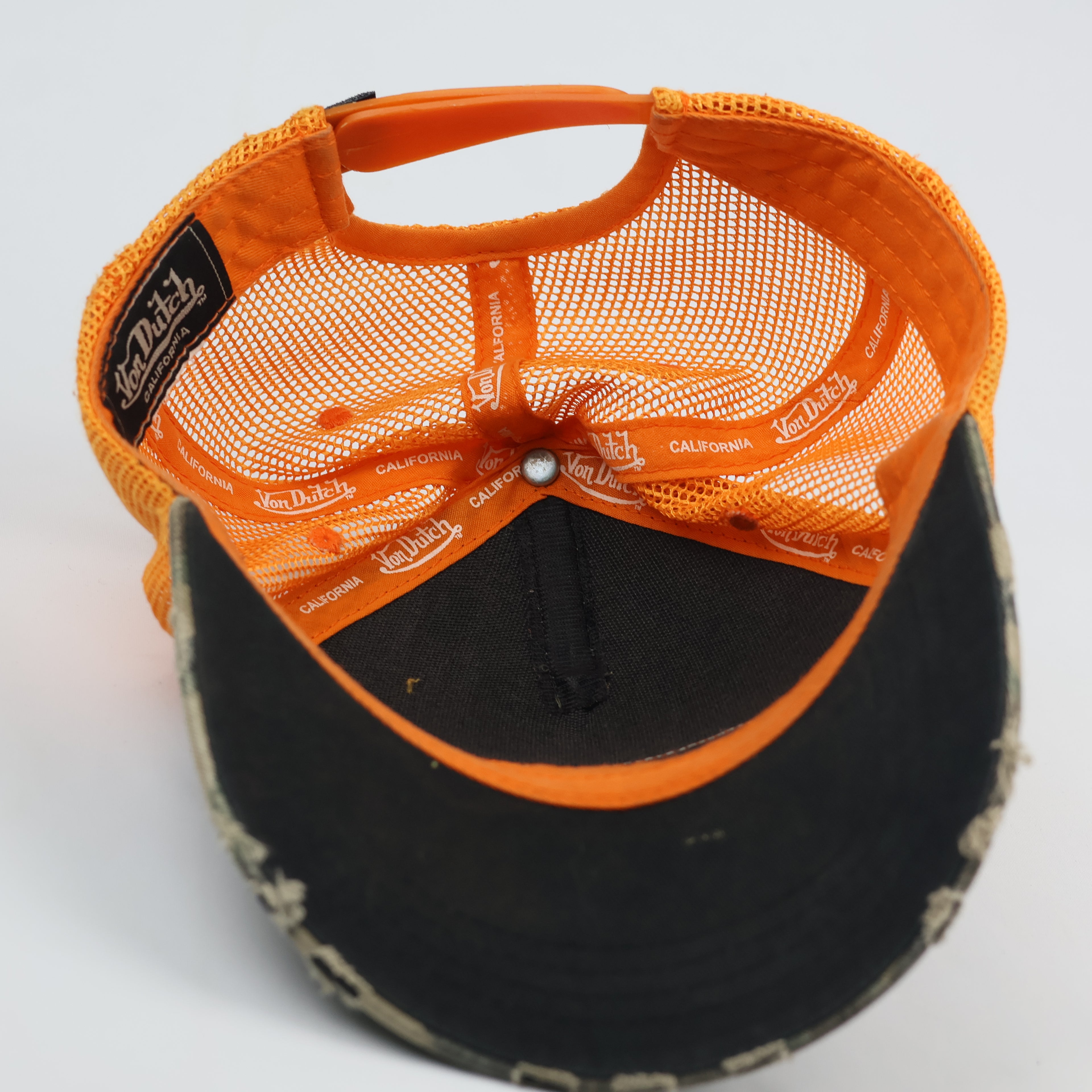 Vintage Von Dutch Camo Trucker Thrifted Hat | Orange Mesh Distressed Cap