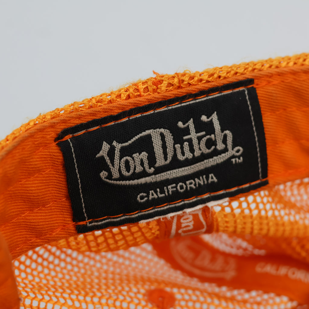 Vintage Von Dutch Camo Trucker Thrifted Hat | Orange Mesh Distressed Cap