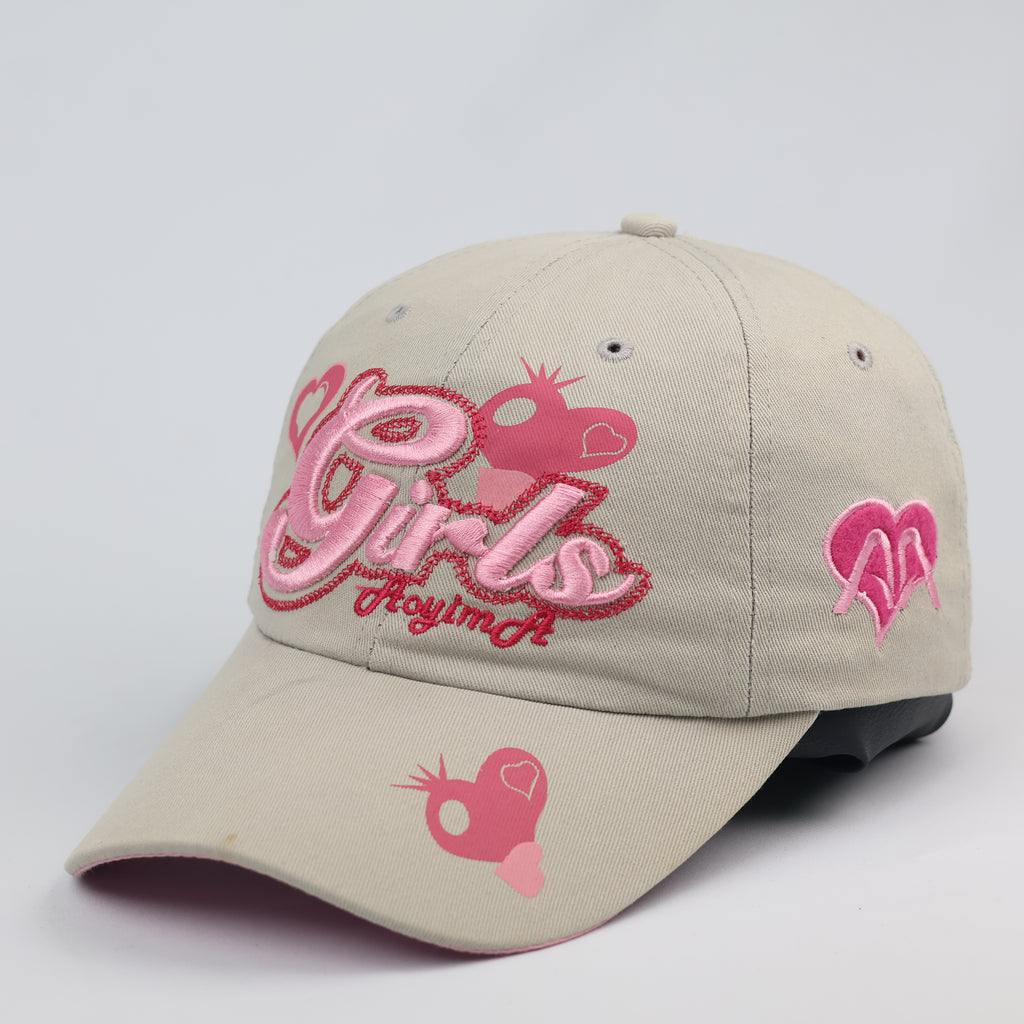 Vintage Aoyima "Girls" Embroidered Hat | Y2K Beige & Pink Heart Cap