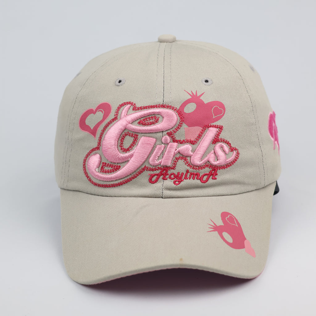 Vintage Aoyima "Girls" Embroidered Hat | Y2K Beige & Pink Heart Cap