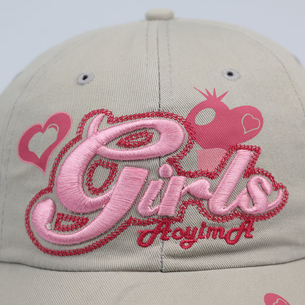 Vintage Aoyima "Girls" Embroidered Hat | Y2K Beige & Pink Heart Cap