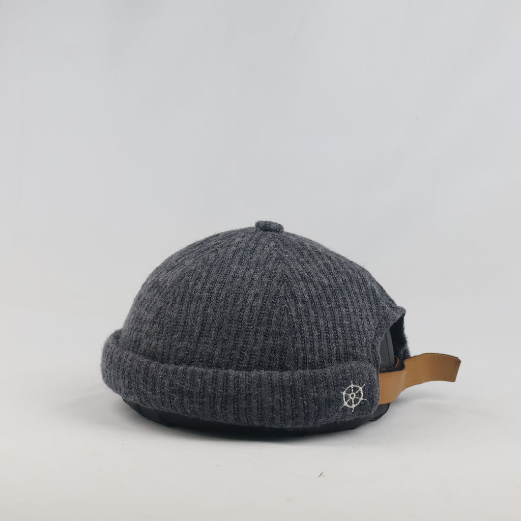 Thrifted Wayward Charcoal Grey Knit Miki Cap with Tan Leather Strap