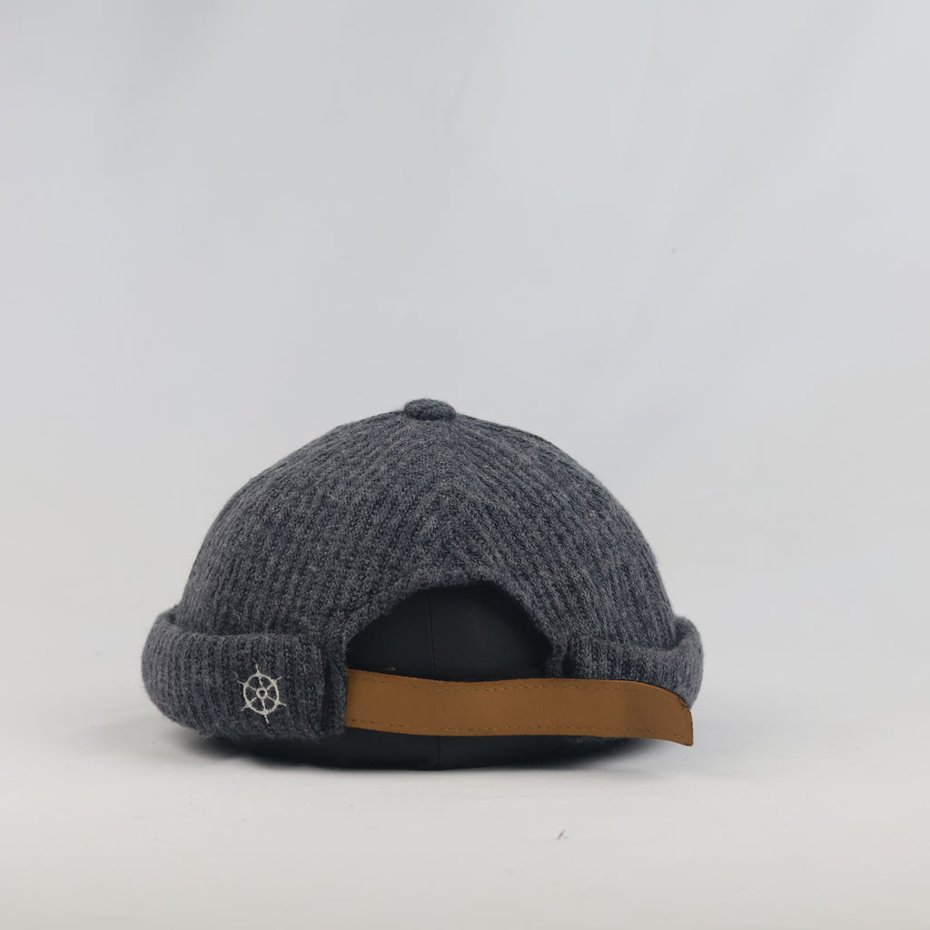 Thrifted Wayward Charcoal Grey Knit Miki Cap with Tan Leather Strap