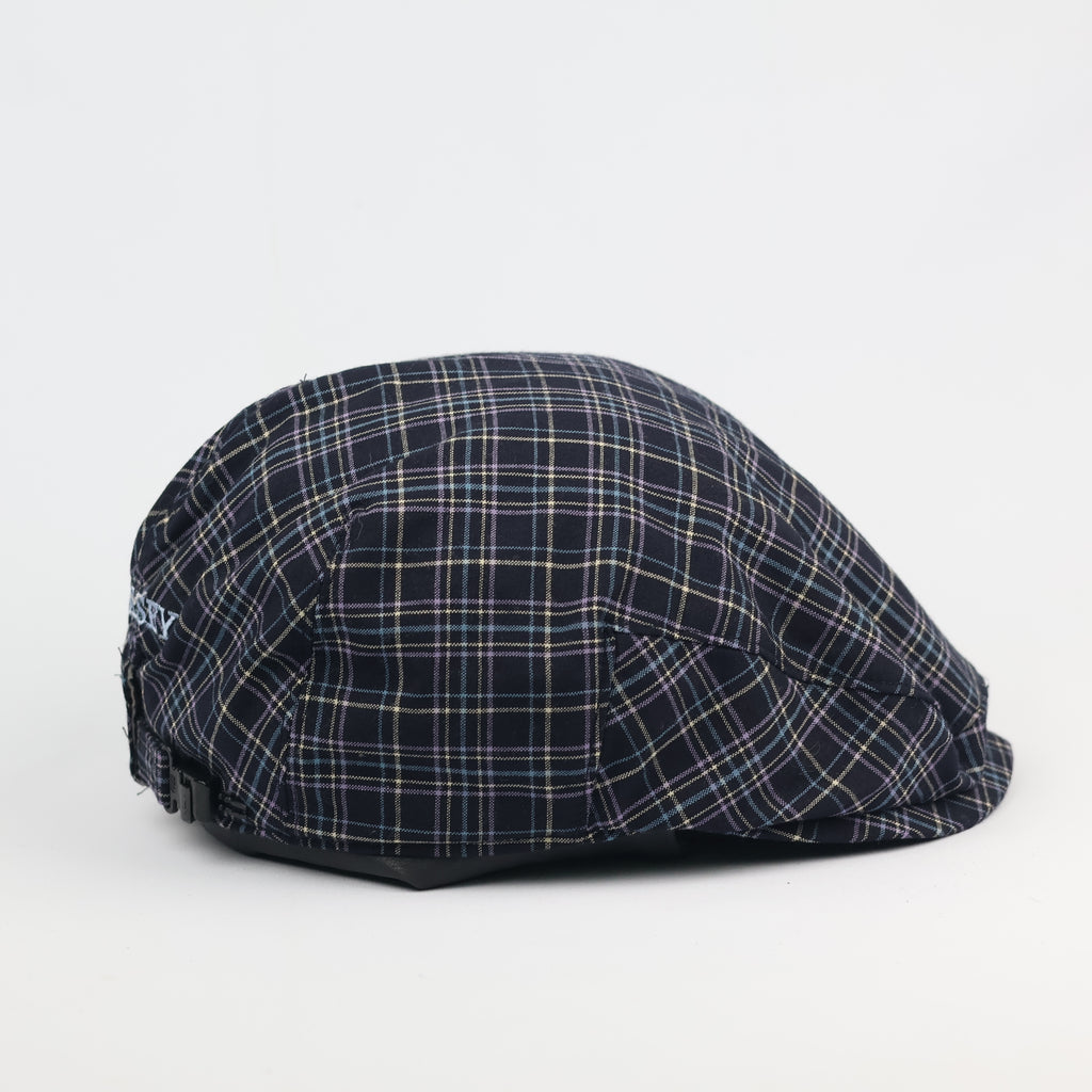 Classic Wolsey Checkered Flat Cap - Adjustable Navy & Purple Plaid Ivy Cap