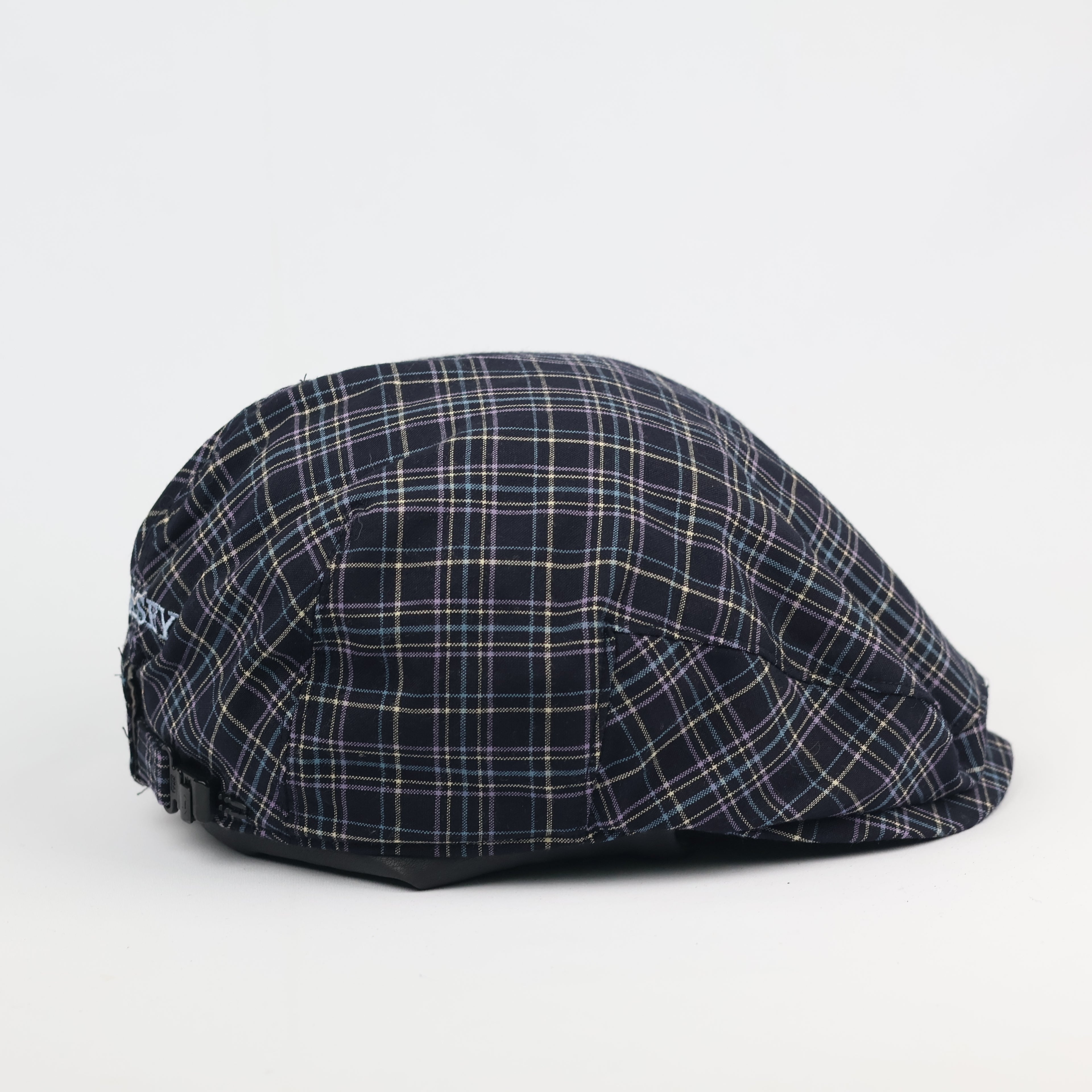 Classic Wolsey Checkered Flat Cap - Adjustable Navy & Purple Plaid Ivy Cap
