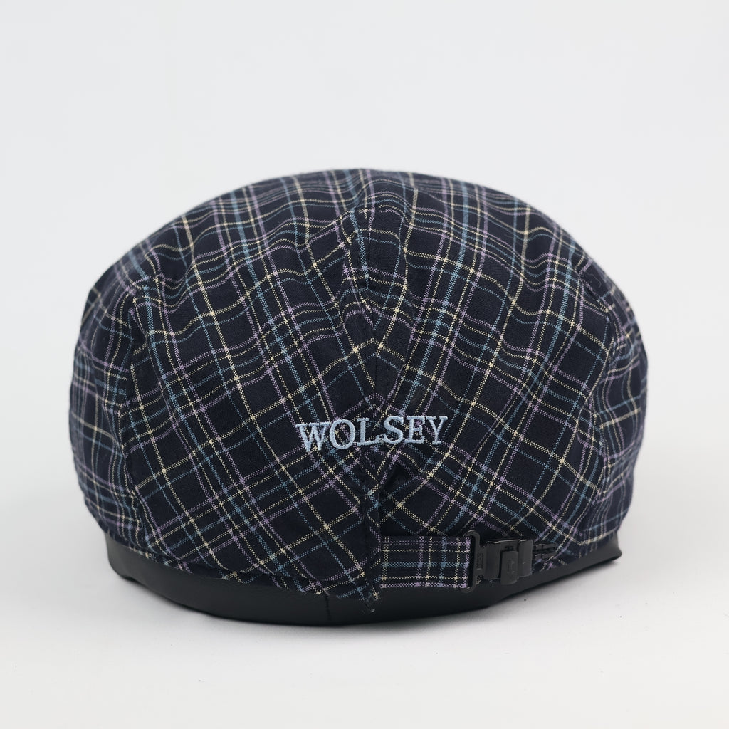 Classic Wolsey Checkered Flat Cap - Adjustable Navy & Purple Plaid Ivy Cap