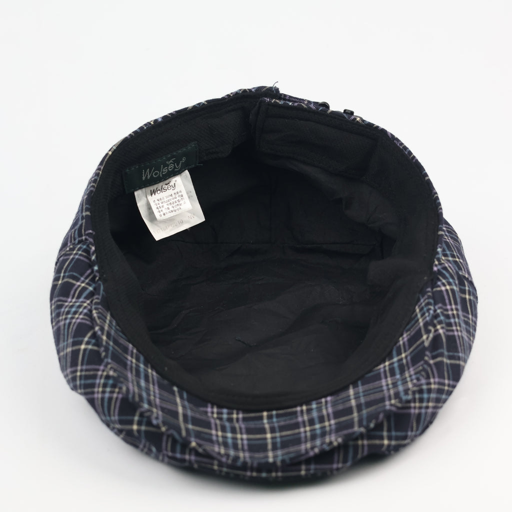 Classic Wolsey Checkered Flat Cap - Adjustable Navy & Purple Plaid Ivy Cap