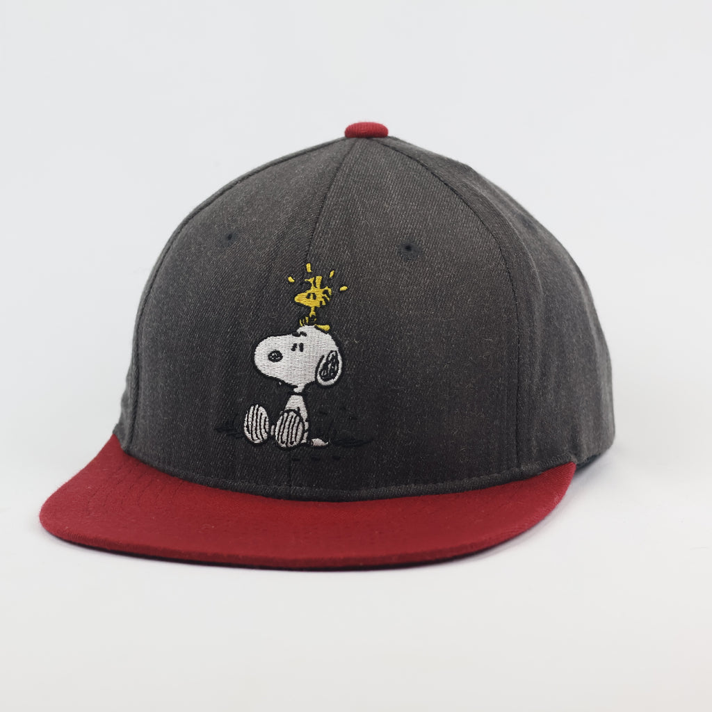 Vintage Peanuts Snoopy & Woodstock Snapback Thrifted Hat - Grey & Red Two-Tone