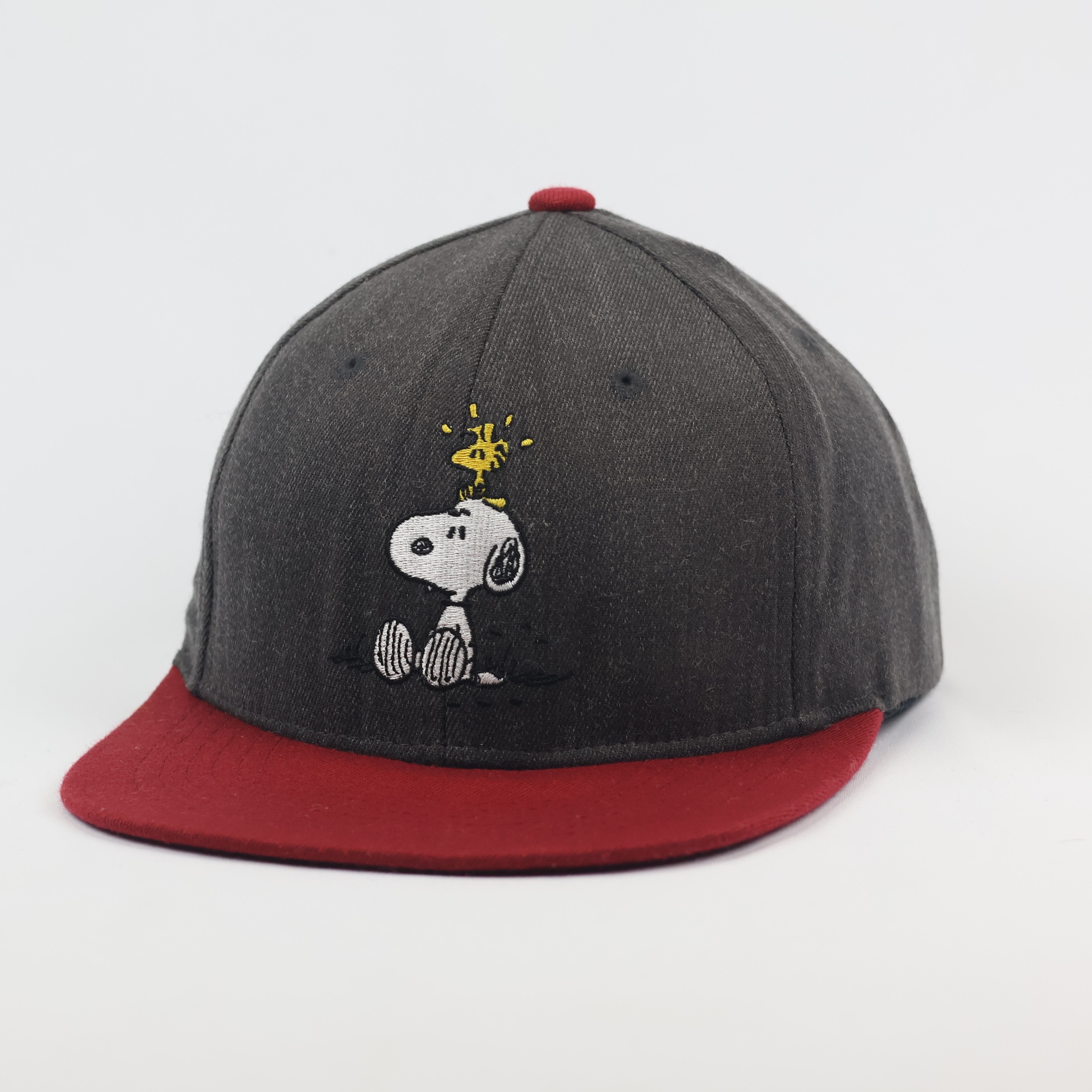 Vintage Peanuts Snoopy & Woodstock Snapback Thrifted Hat - Grey & Red Two-Tone