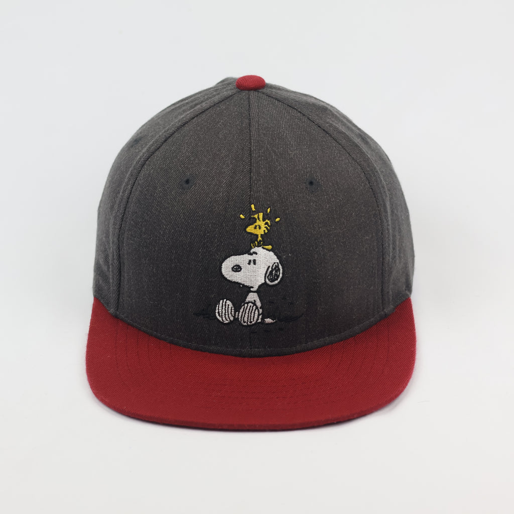 Vintage Peanuts Snoopy & Woodstock Snapback Thrifted Hat - Grey & Red Two-Tone