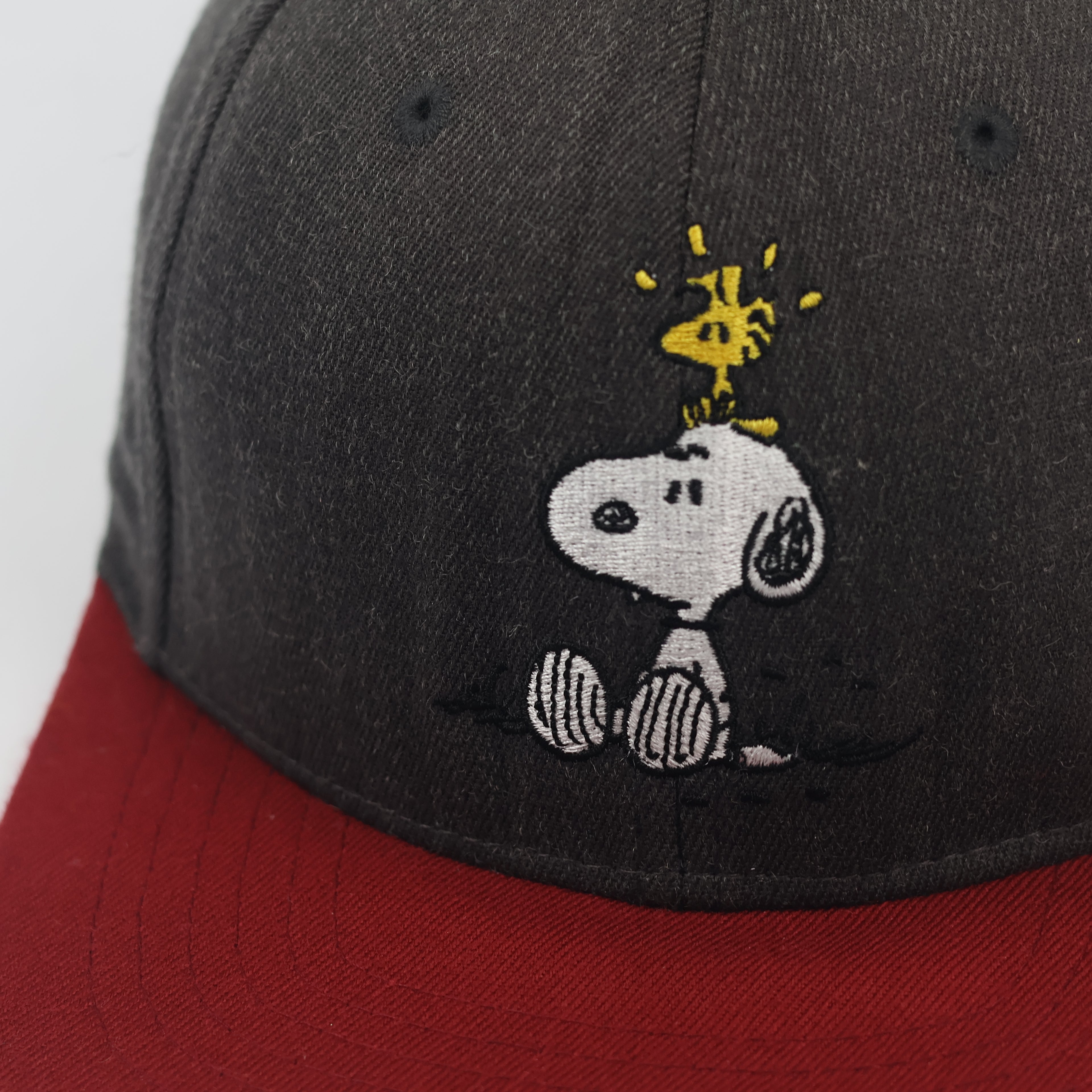 Vintage Peanuts Snoopy & Woodstock Snapback Thrifted Hat - Grey & Red Two-Tone