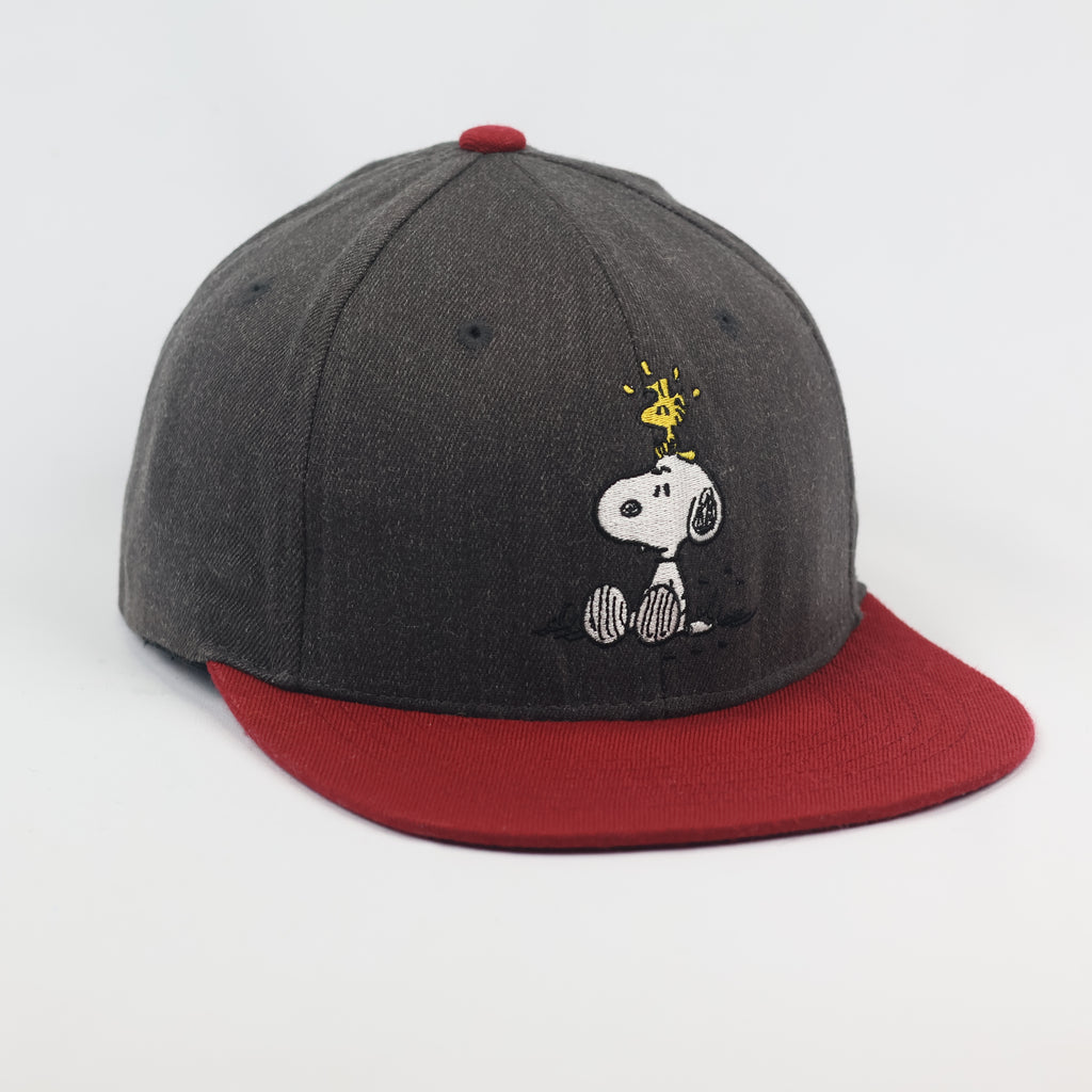 Vintage Peanuts Snoopy & Woodstock Snapback Thrifted Hat - Grey & Red Two-Tone