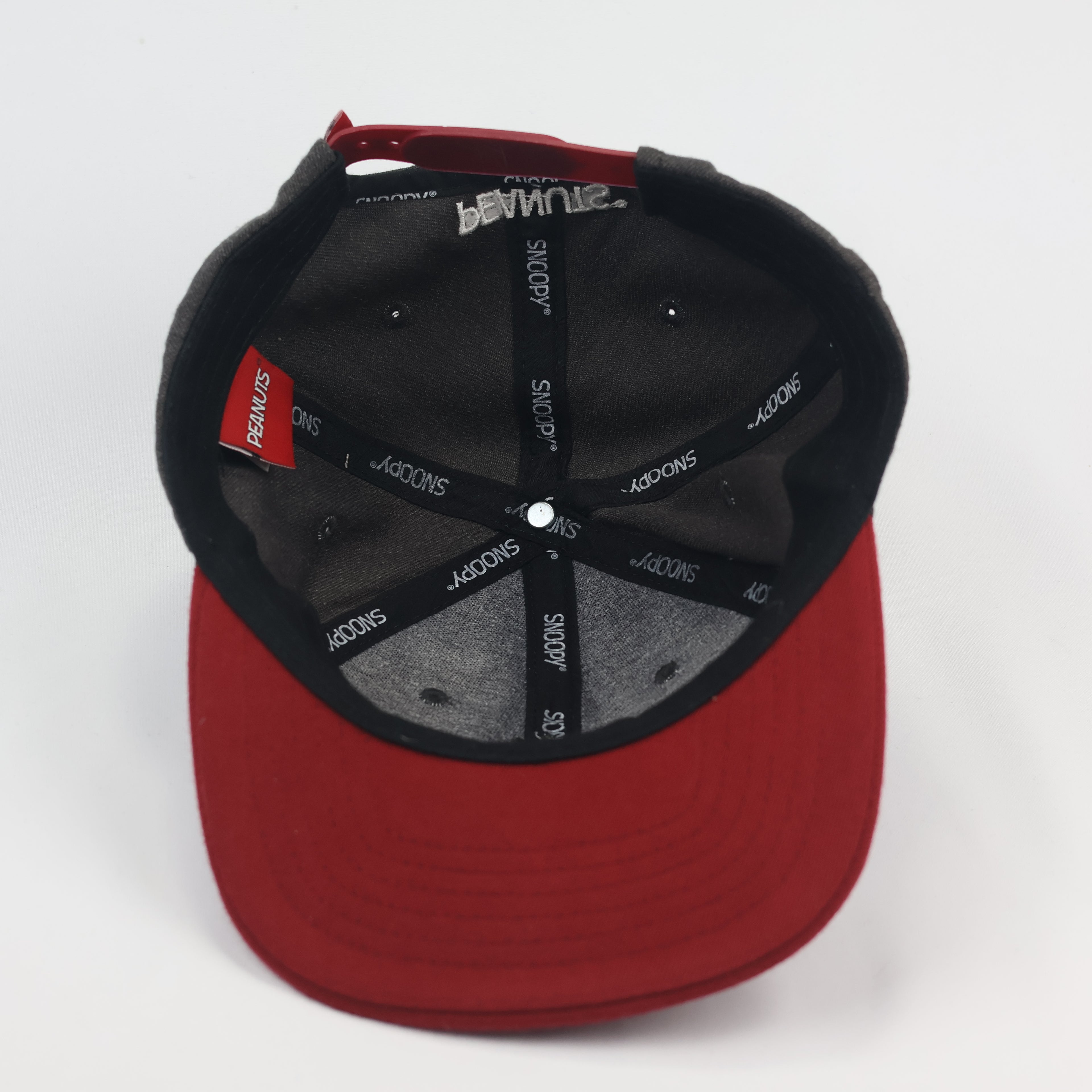 Vintage Peanuts Snoopy & Woodstock Snapback Thrifted Hat - Grey & Red Two-Tone