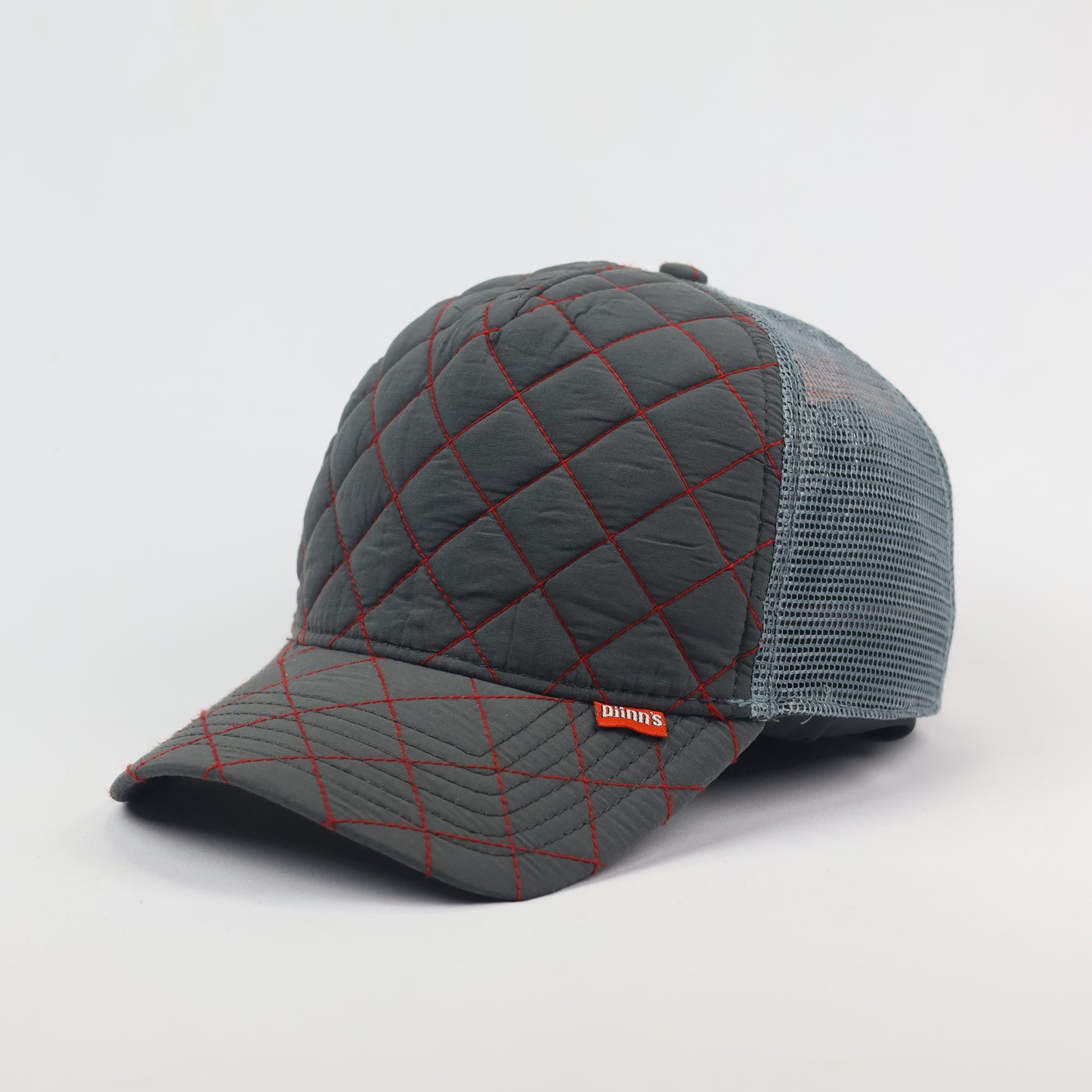 Retro Diamond Quilt Trucker Thrifted Cap - Grey with Red Stitching