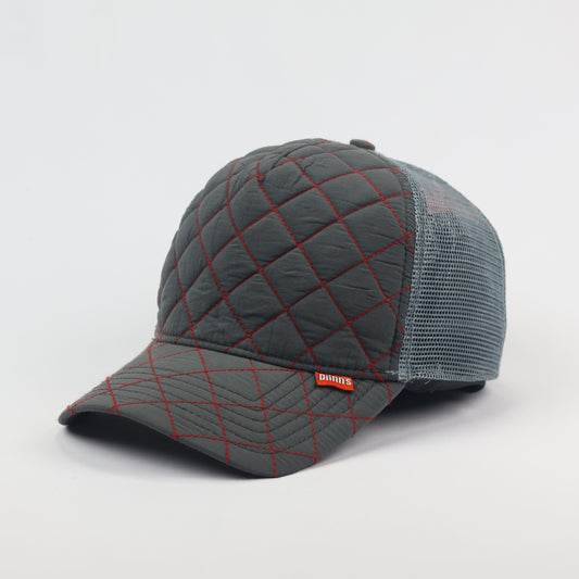 Retro Diamond Quilt Trucker Thrifted Cap - Grey with Red Stitching