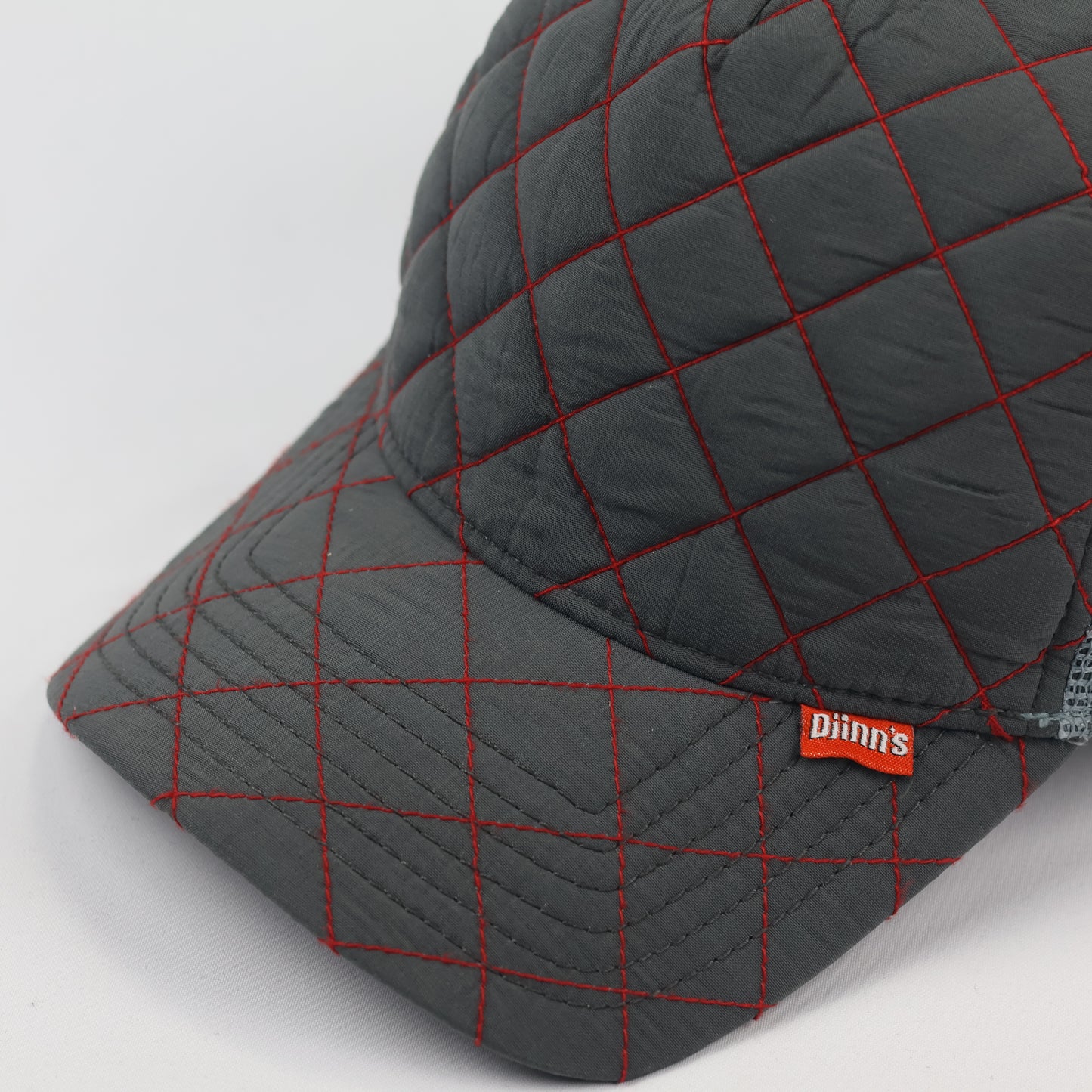 Retro Diamond Quilt Trucker Thrifted Cap - Grey with Red Stitching