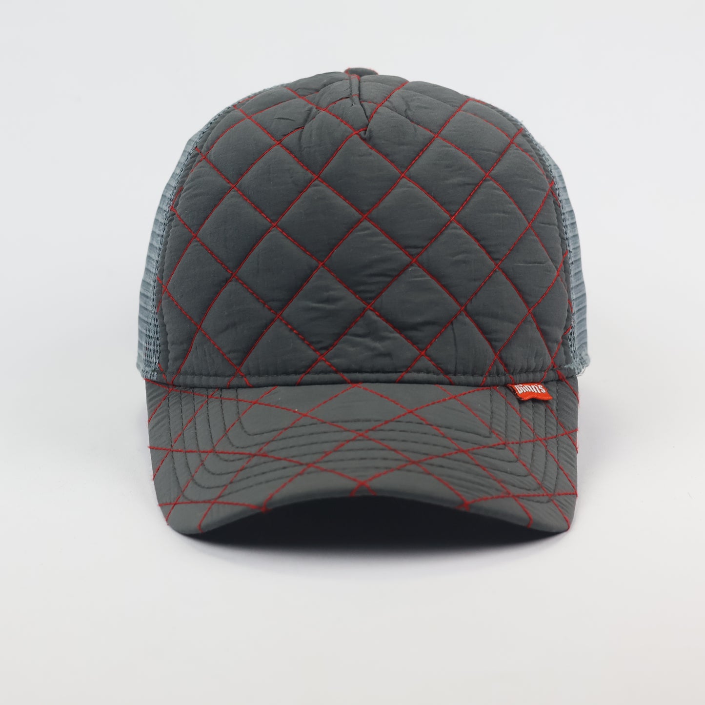 Retro Diamond Quilt Trucker Thrifted Cap - Grey with Red Stitching
