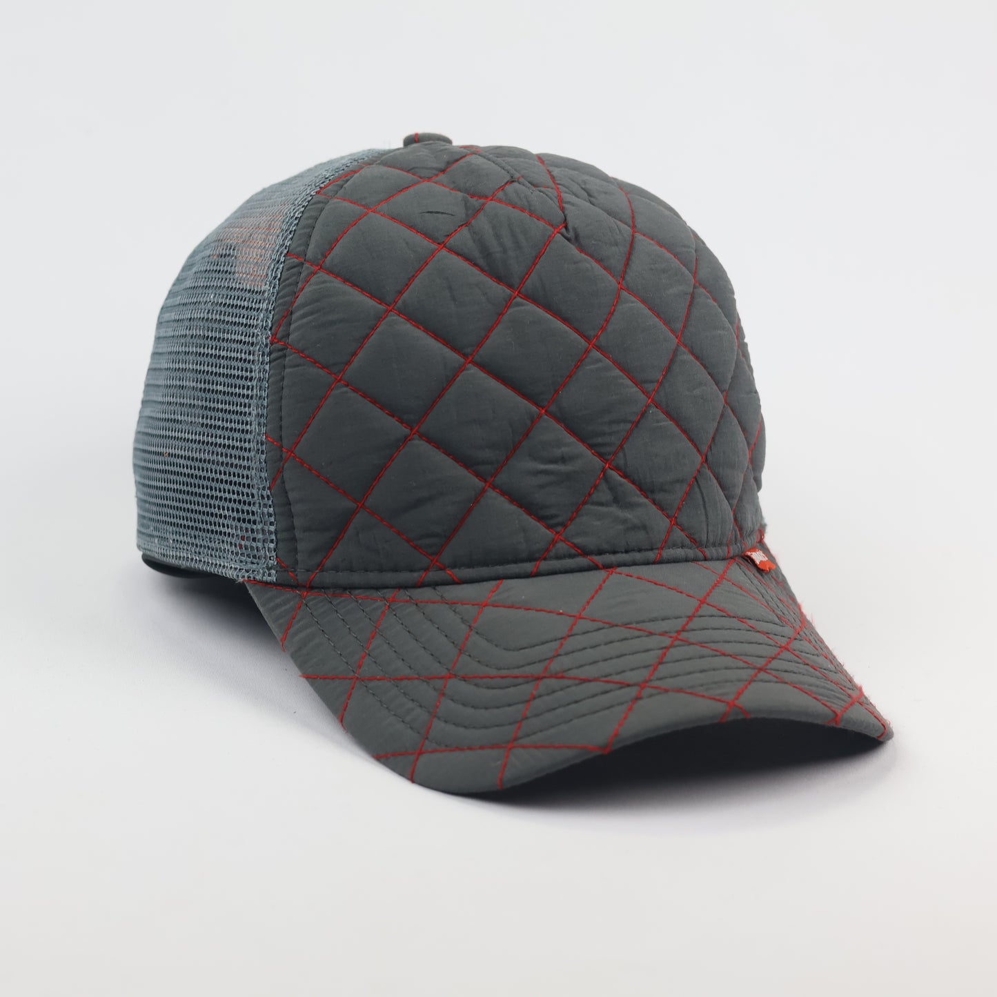 Retro Diamond Quilt Trucker Thrifted Cap - Grey with Red Stitching