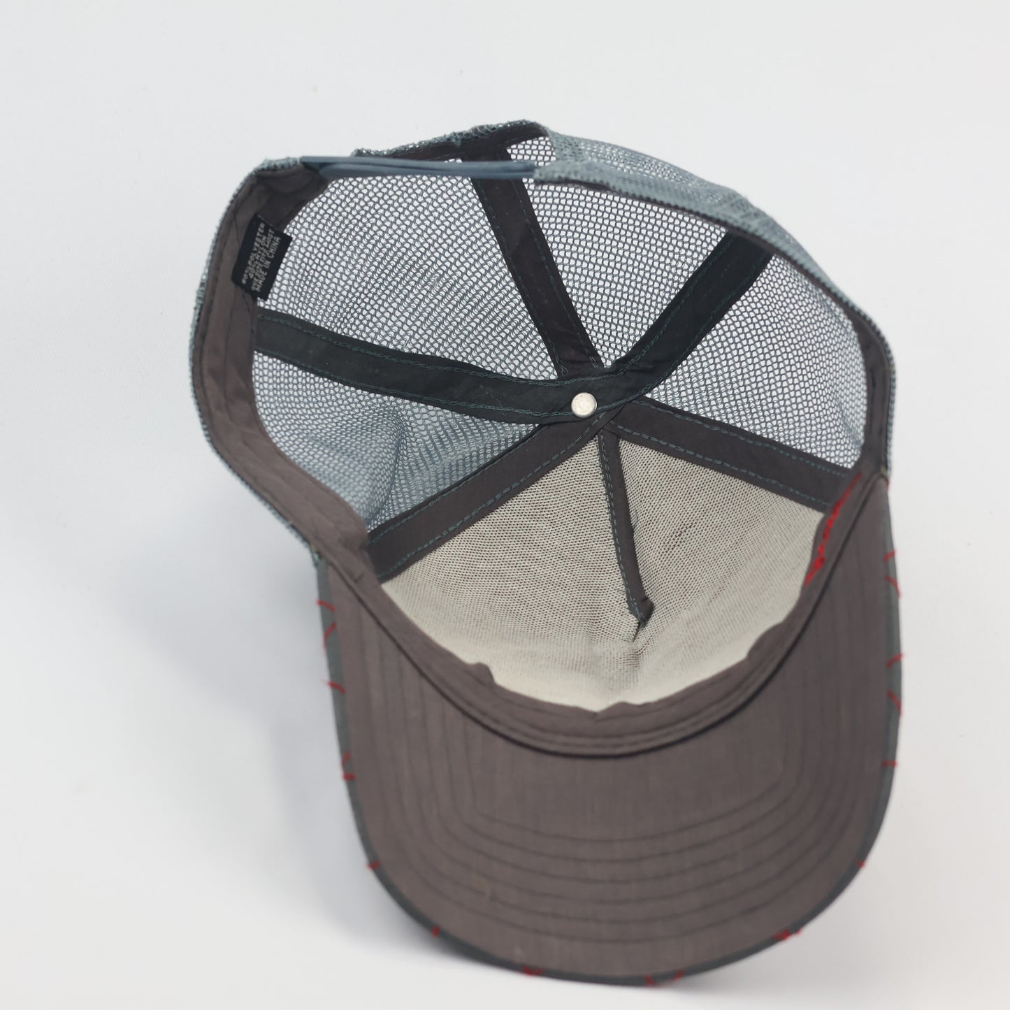Retro Diamond Quilt Trucker Thrifted Cap - Grey with Red Stitching