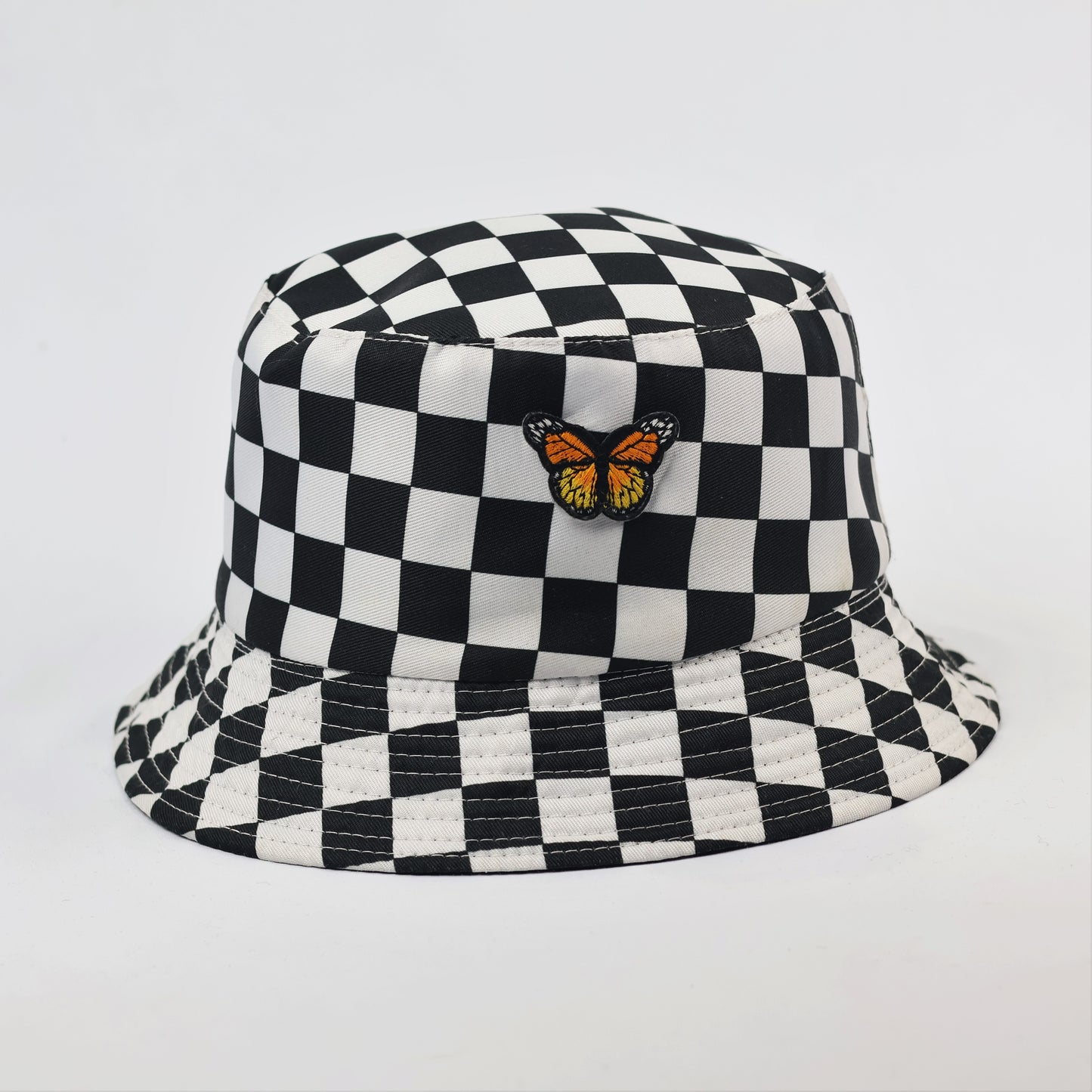 2-in-1 Monochrome Checkerboard & Butterfly Print Bucket Thrifted  Hat - Unisex