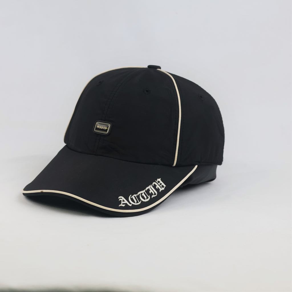Thrifted Activ Black Nylon Piping Baseball Cap with Gothic Script