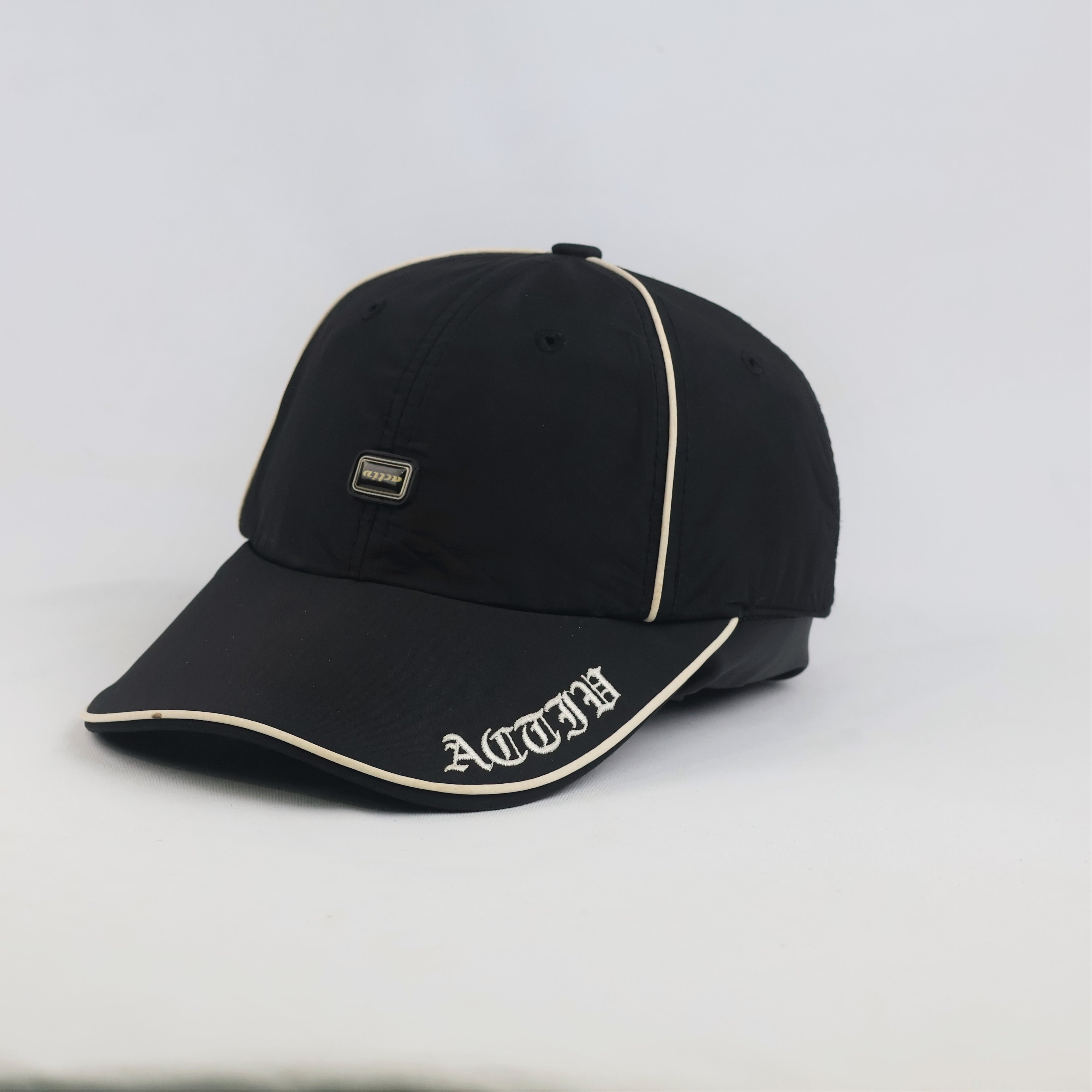 Thrifted Activ Black Nylon Piping Baseball Cap with Gothic Script