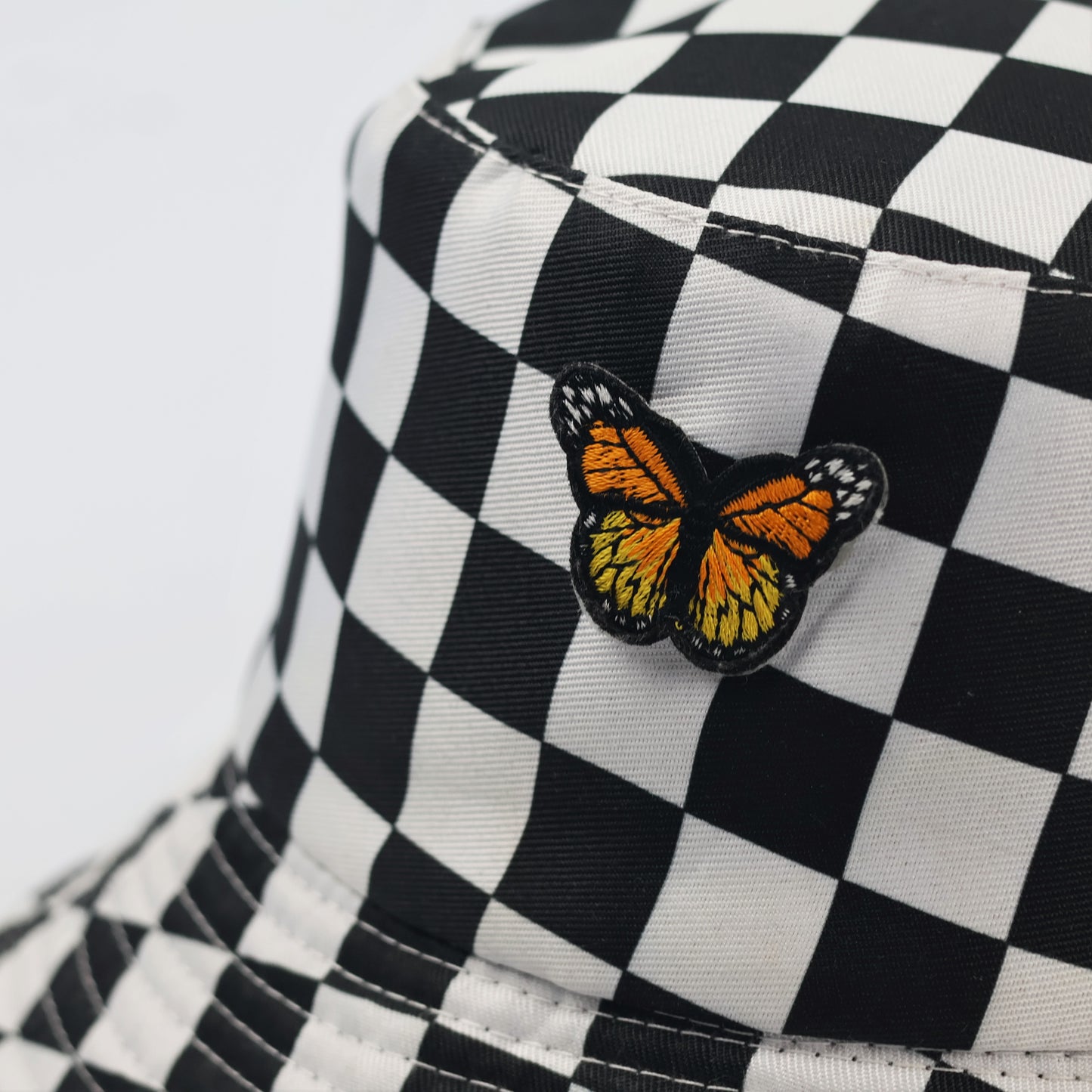 2-in-1 Monochrome Checkerboard & Butterfly Print Bucket Thrifted  Hat - Unisex