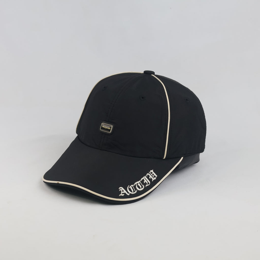 Thrifted Activ Black Nylon Piping Baseball Cap with Gothic Script