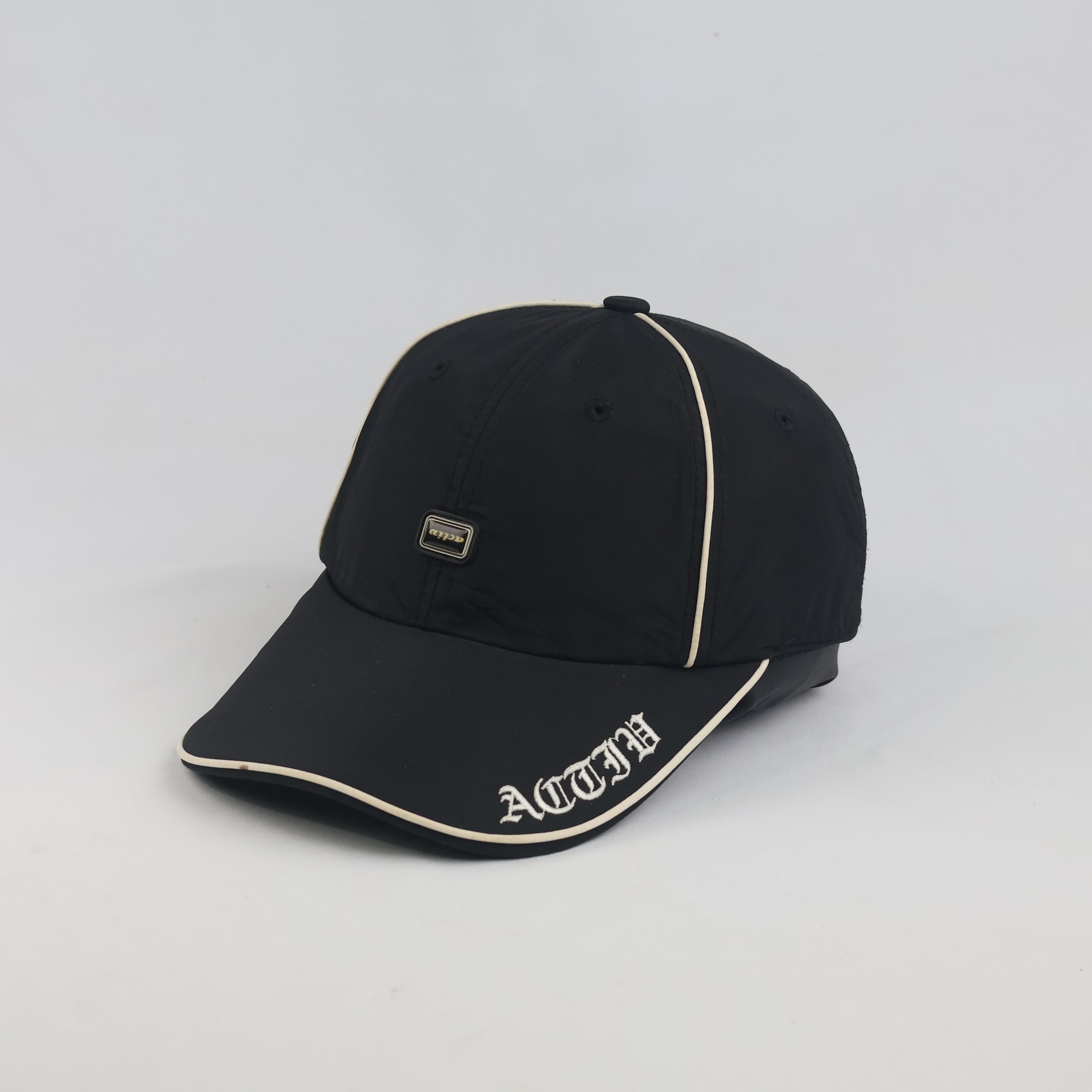 Thrifted Activ Black Nylon Piping Baseball Cap with Gothic Script