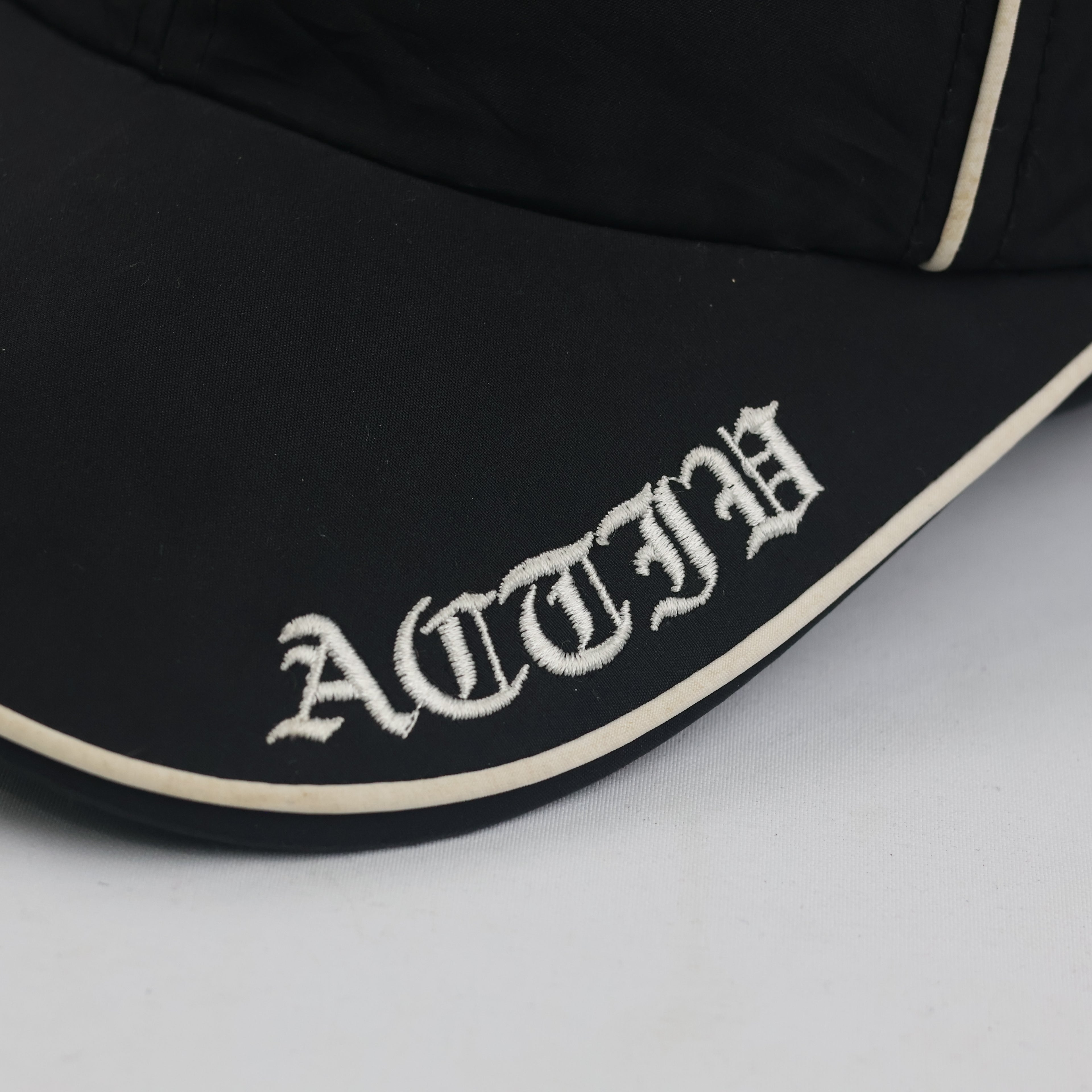 Thrifted Activ Black Nylon Piping Baseball Cap with Gothic Script