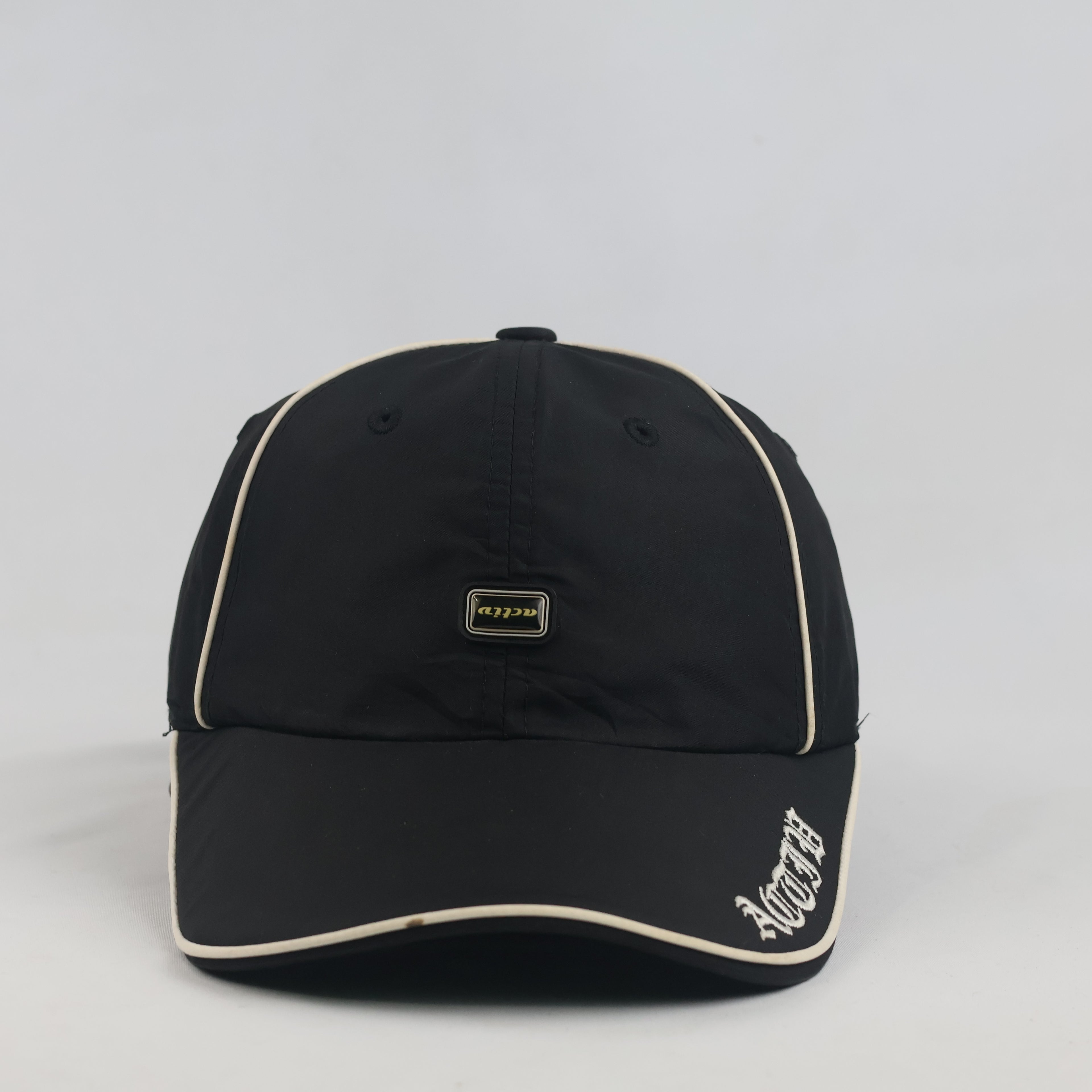 Thrifted Activ Black Nylon Piping Baseball Cap with Gothic Script