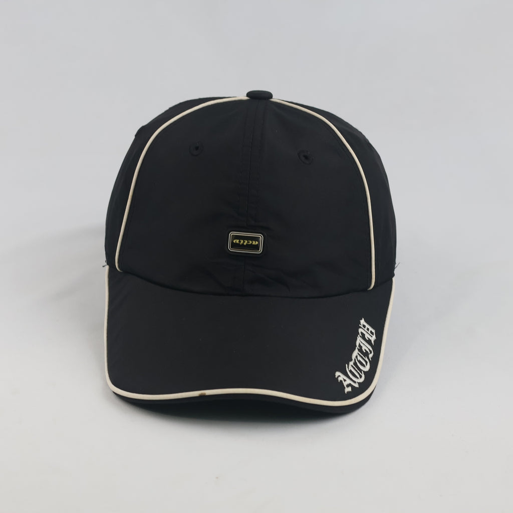 Thrifted Activ Black Nylon Piping Baseball Cap with Gothic Script