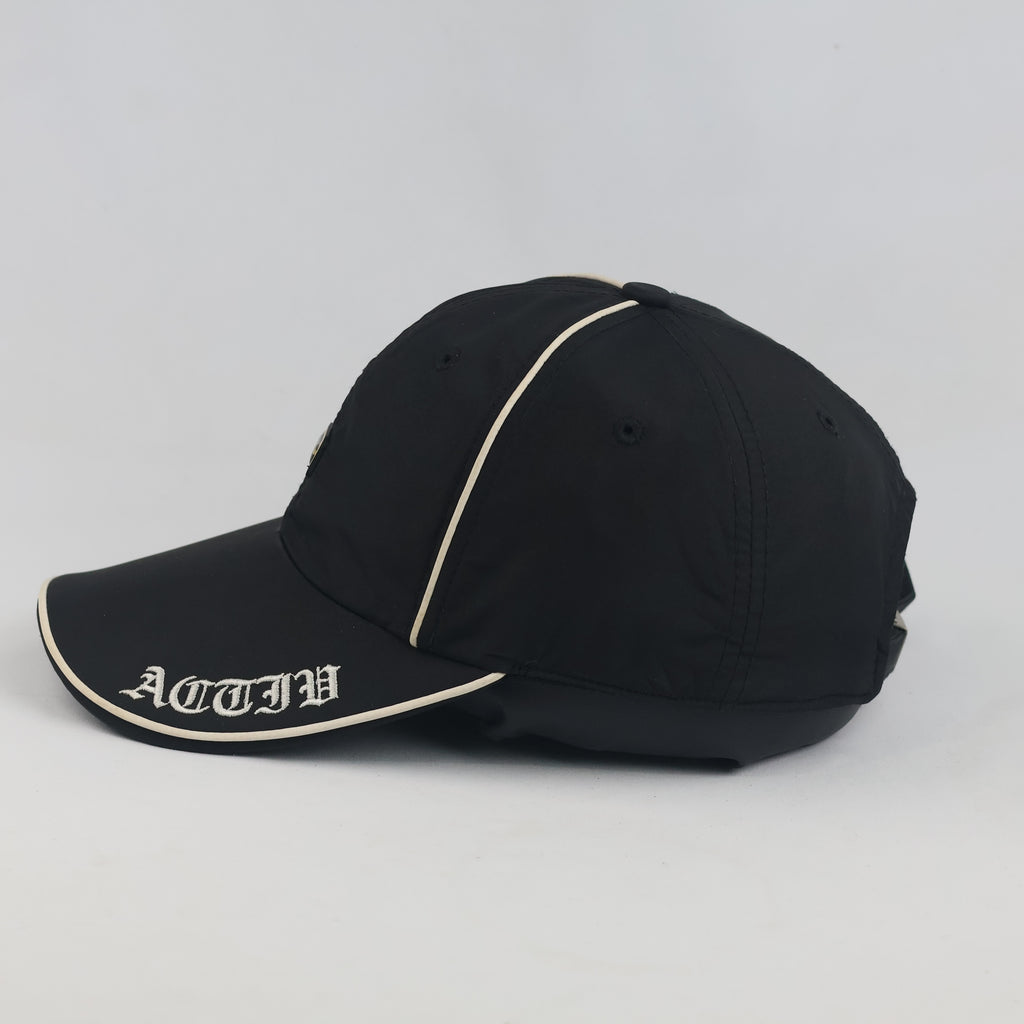 Thrifted Activ Black Nylon Piping Baseball Cap with Gothic Script