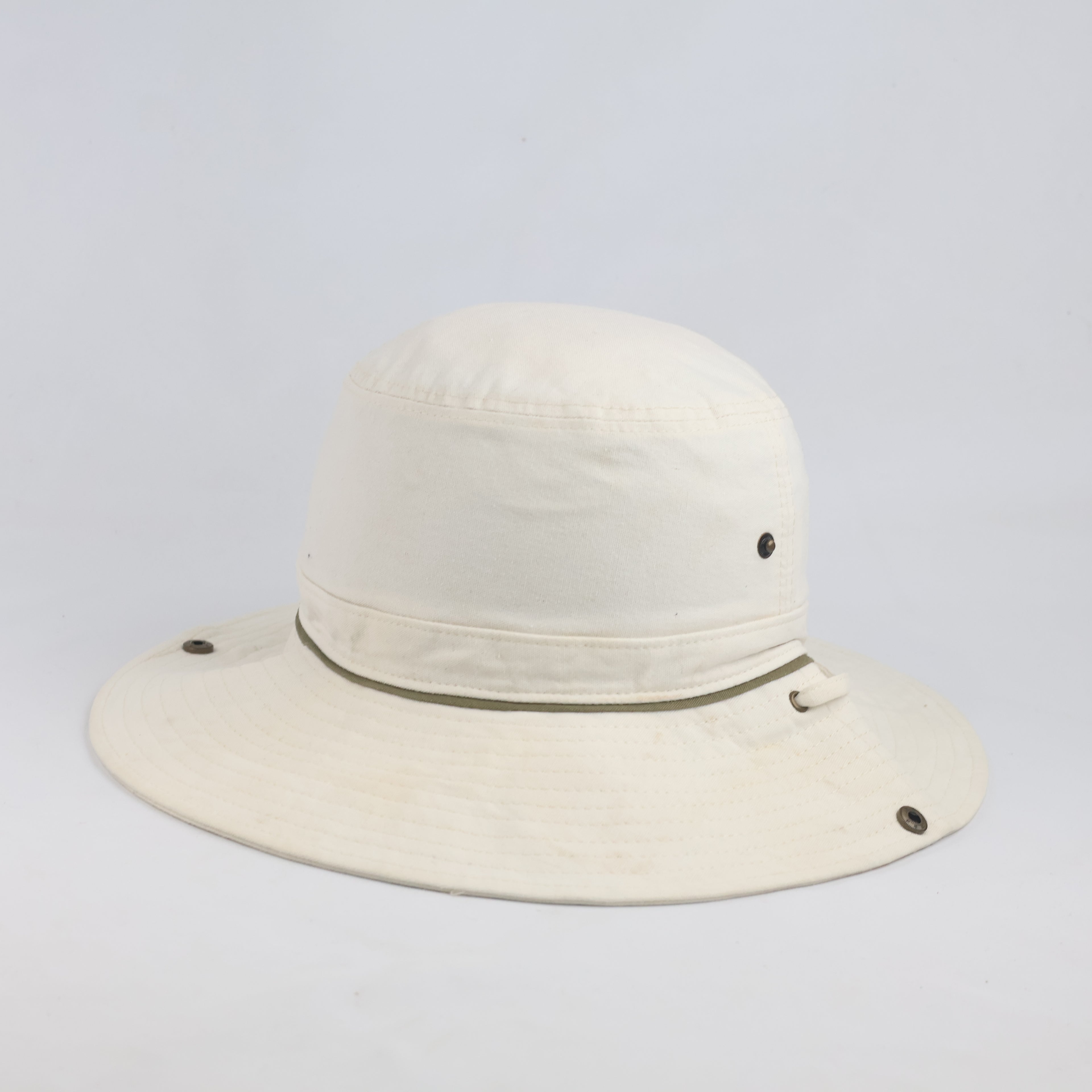 Thrifted Cream Cotton Outdoor Bush Hat with Chin Drawstring