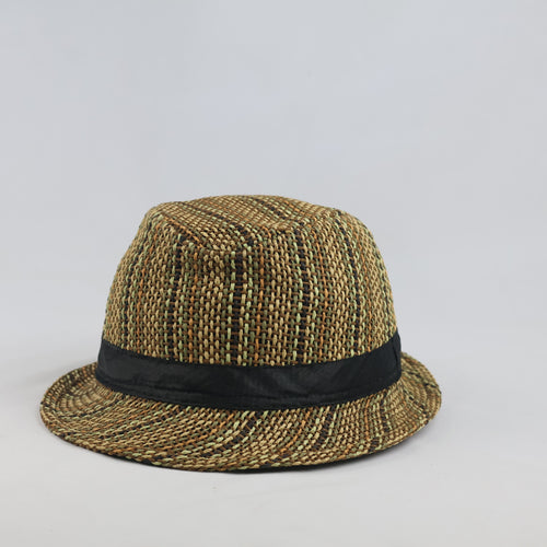 Thrifted Woven Paper Straw Fedora Hat with Black Ribbon Band
