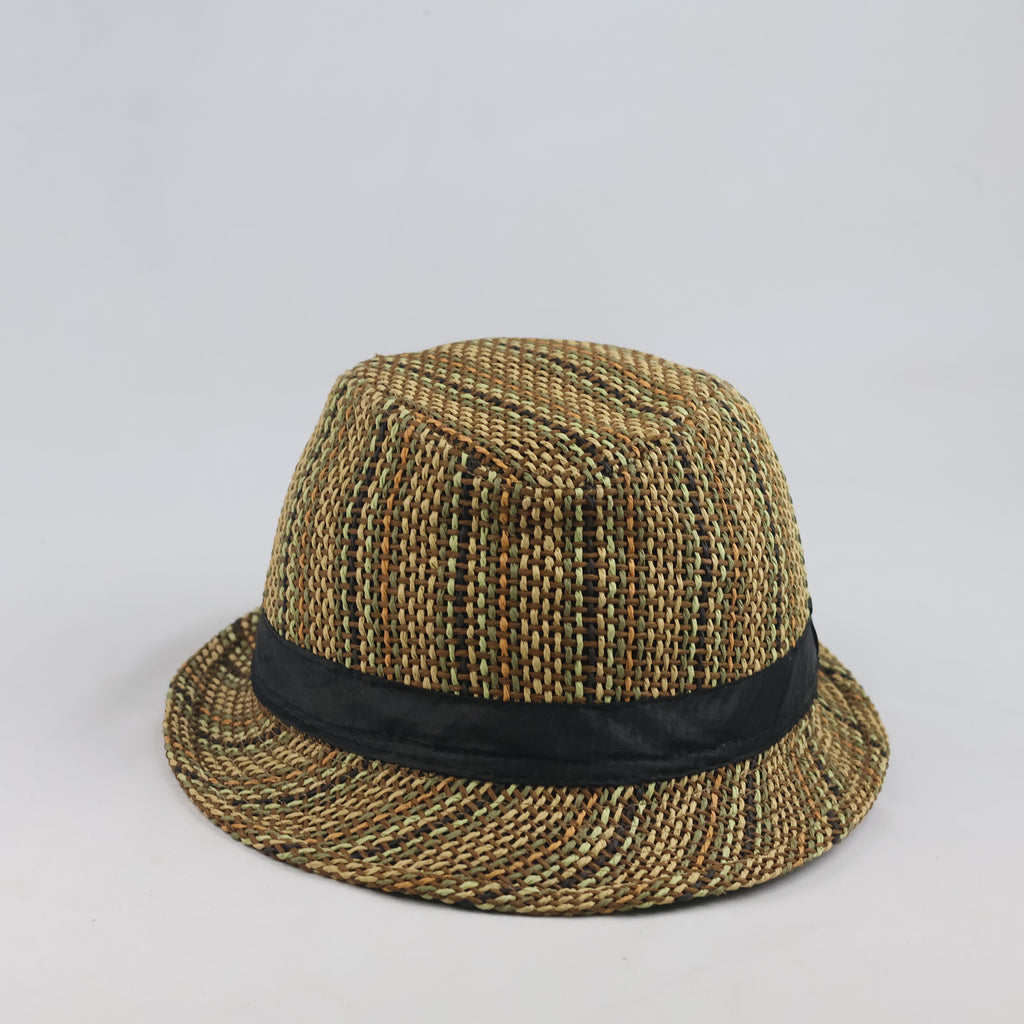 Thrifted Woven Paper Straw Fedora Hat with Black Ribbon Band